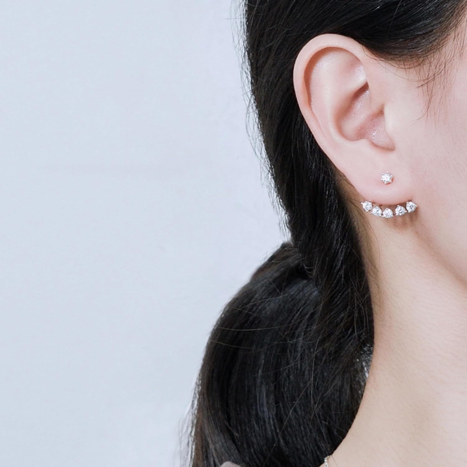 Sterling Silver CZ Diamante Sunlight Curved Bar Drop Double Side Jacket Claw Earrings, One Size, Sterling Silver, Cubic Zirconia