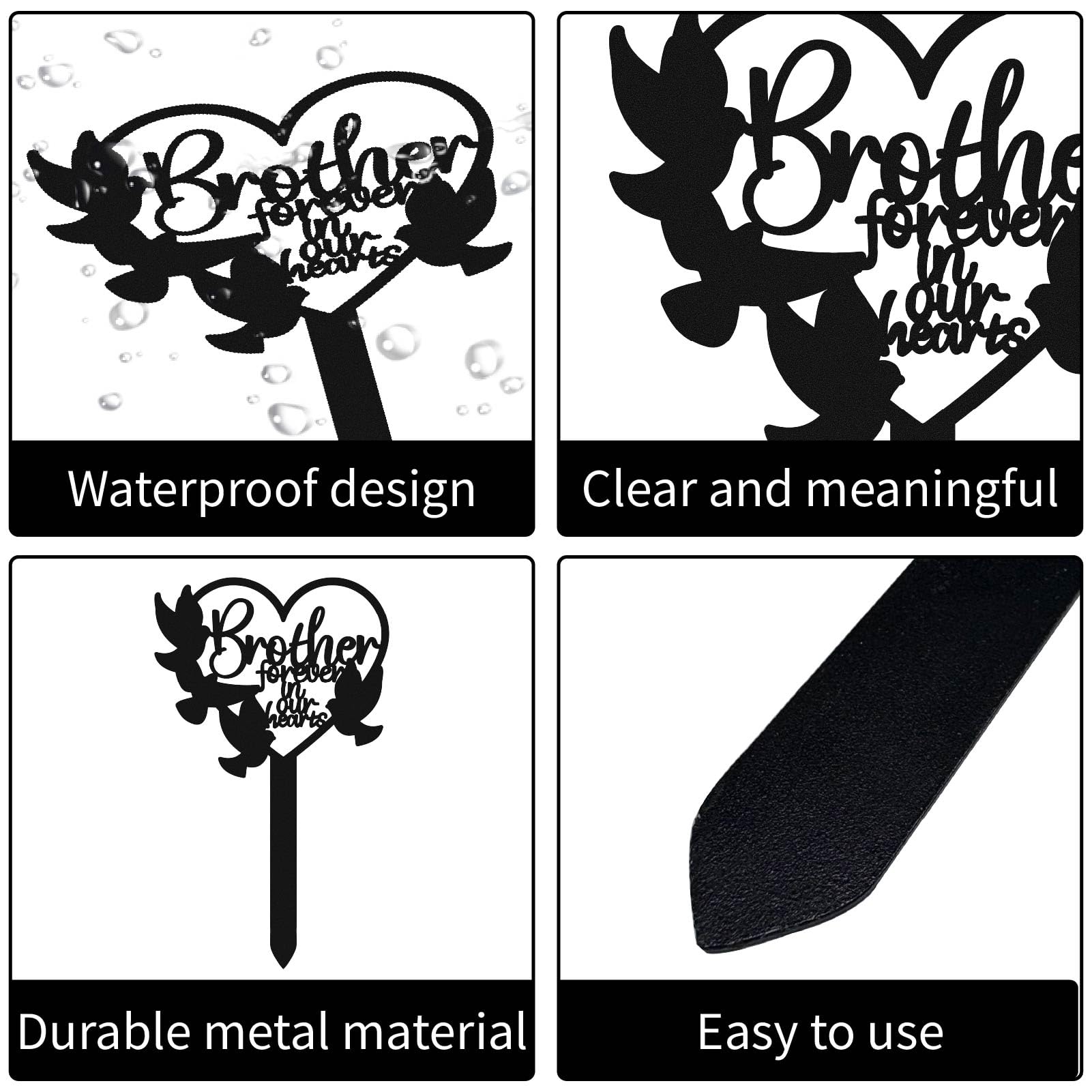 CREATCABIN Memorial Grave Markers for Brother Metal Plaque Stake Black Heart Shaped Bird Remembrance Plaque Memorial Signs Garden Stake Cemetery Decorations for Sympathy Outdoor Yard 9.8 x 5.9 Inch - Image 3