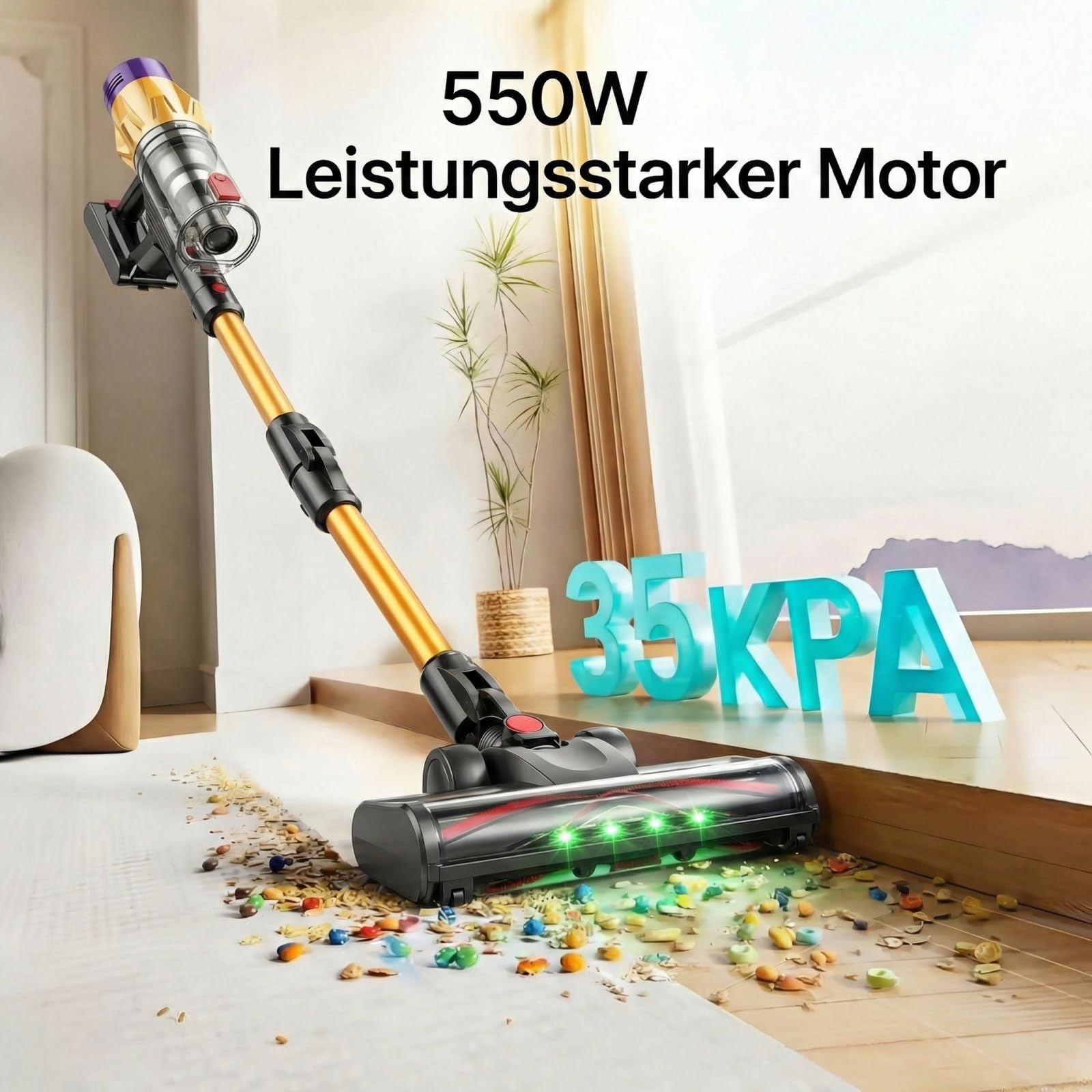 airvax akku staubsauger Y90 pro max, kabelloser staubsauger 35kpa 550w mit faltbarem saugrohr und milbenbuerste, 40 minuten laufzeit, beutelloser akkusauger für teppich hartboden sofa auto Gold