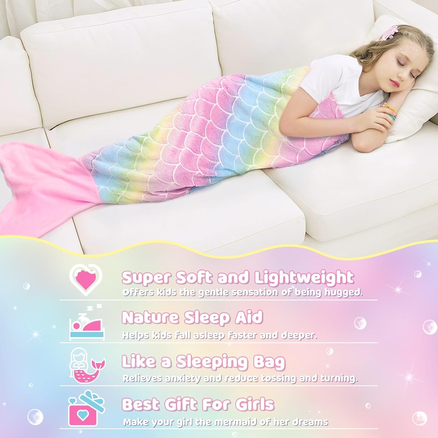 WERNNSAI Mermaid Tail Blanket - Glow in The Dark Mermaid Wearable Blanket for Girls 43.3''x15.7'' Kids Winter Soft Flannel Scale Sleeping Bags Christmas Birthday Gifts for Girls (Rainbow)