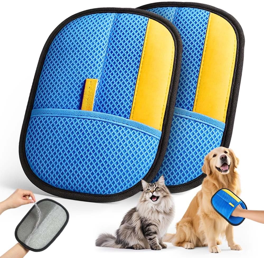 JGLXF Electrostatic Pet Hair Removal Gloves (2 Pack) - Reusable Grooming Mitts for Cats Dogs, Furniture, Carpets, Clothing - Blue