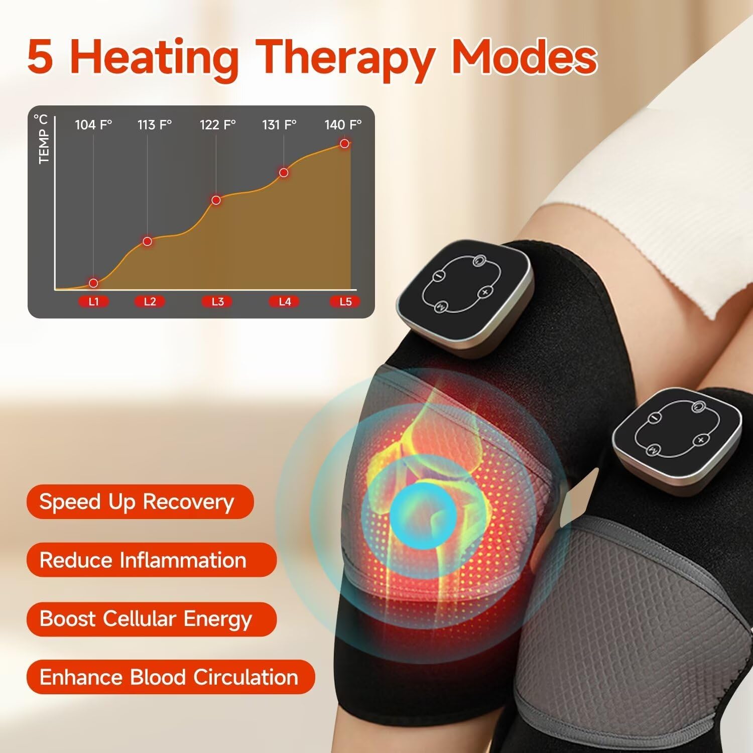 Heating Knee Massager, Knee Shoulder Elbow 3-in-1 Heating Vibration Massager, Wireless Rechargeable Design, Heated Device with Vibration Massage for Knee/Elbow/Shoulder Pain Relief, Black