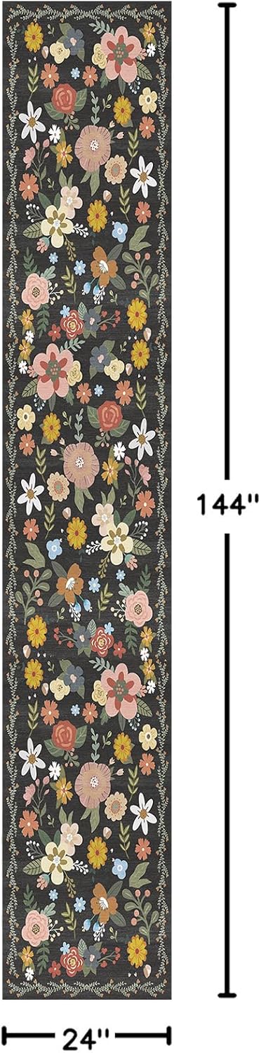 2x12 Washable Runners for Hallways: Vintage Floral Kitchen Rug Non-Slip with Rubber Backing Low Pile Floor Runner for Indoor Entryway Living Room Bedroom（Black，2x12）