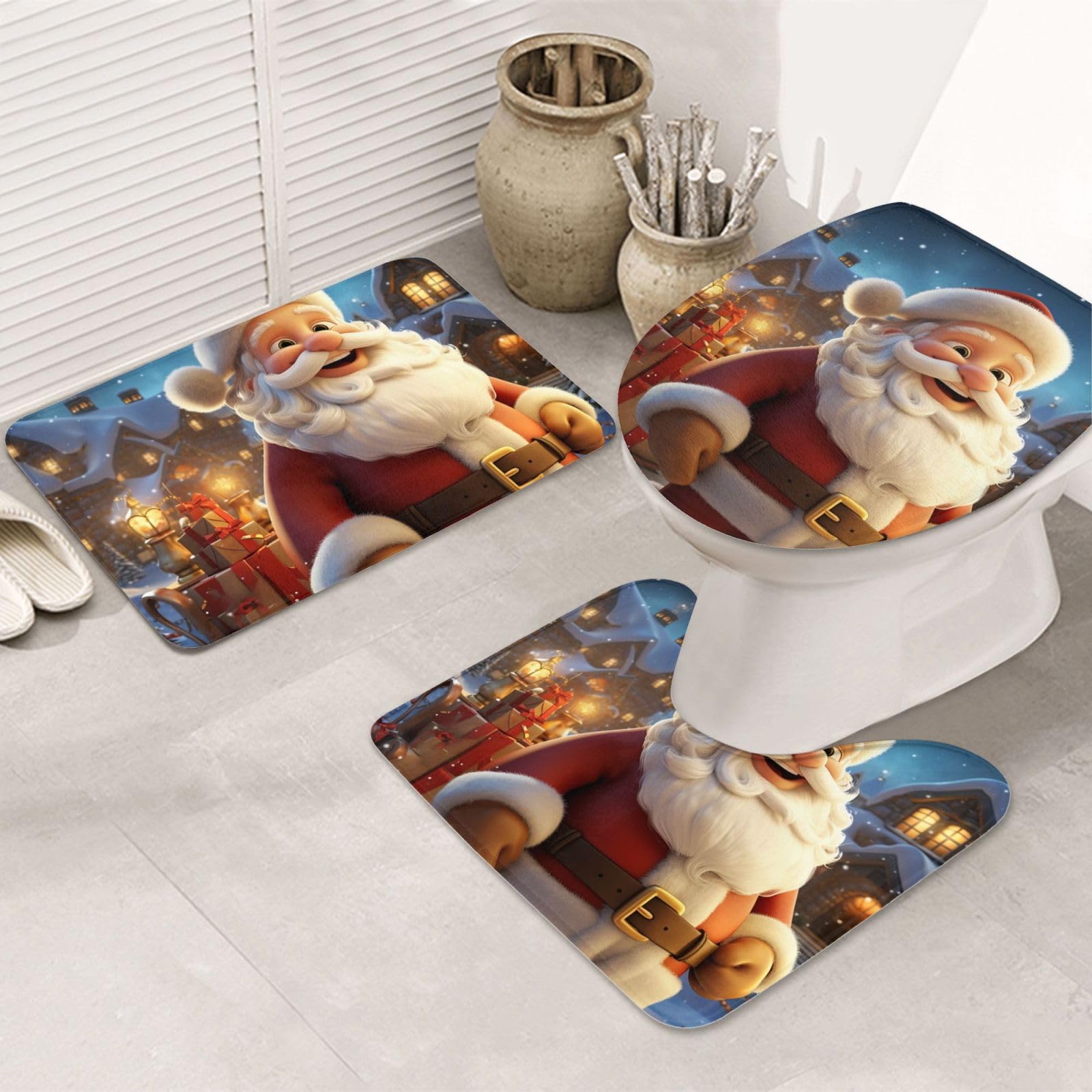 Dwrepo Santa Claus Print Bathroom Rug Set 3 Piece with Non-Slip U-Shaped Contour Mat and Toilet Lid Cover for Bathroom Decoration
