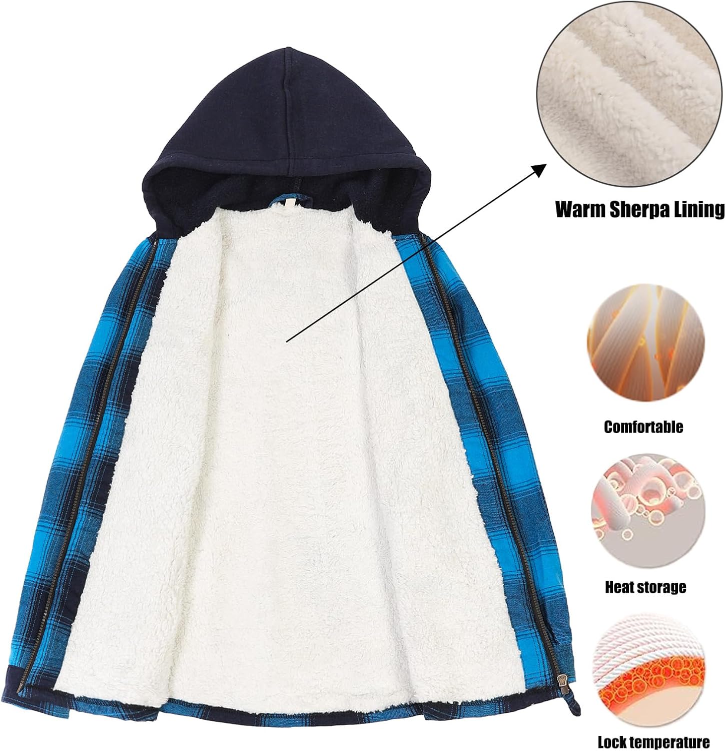 ThCreasa Womens Full Sherpa Lined Plaid Flannel Hooded Jacket with Hand Pockets, Zip Up Fuzzy Hoodie Flannel Shacket - Image 3