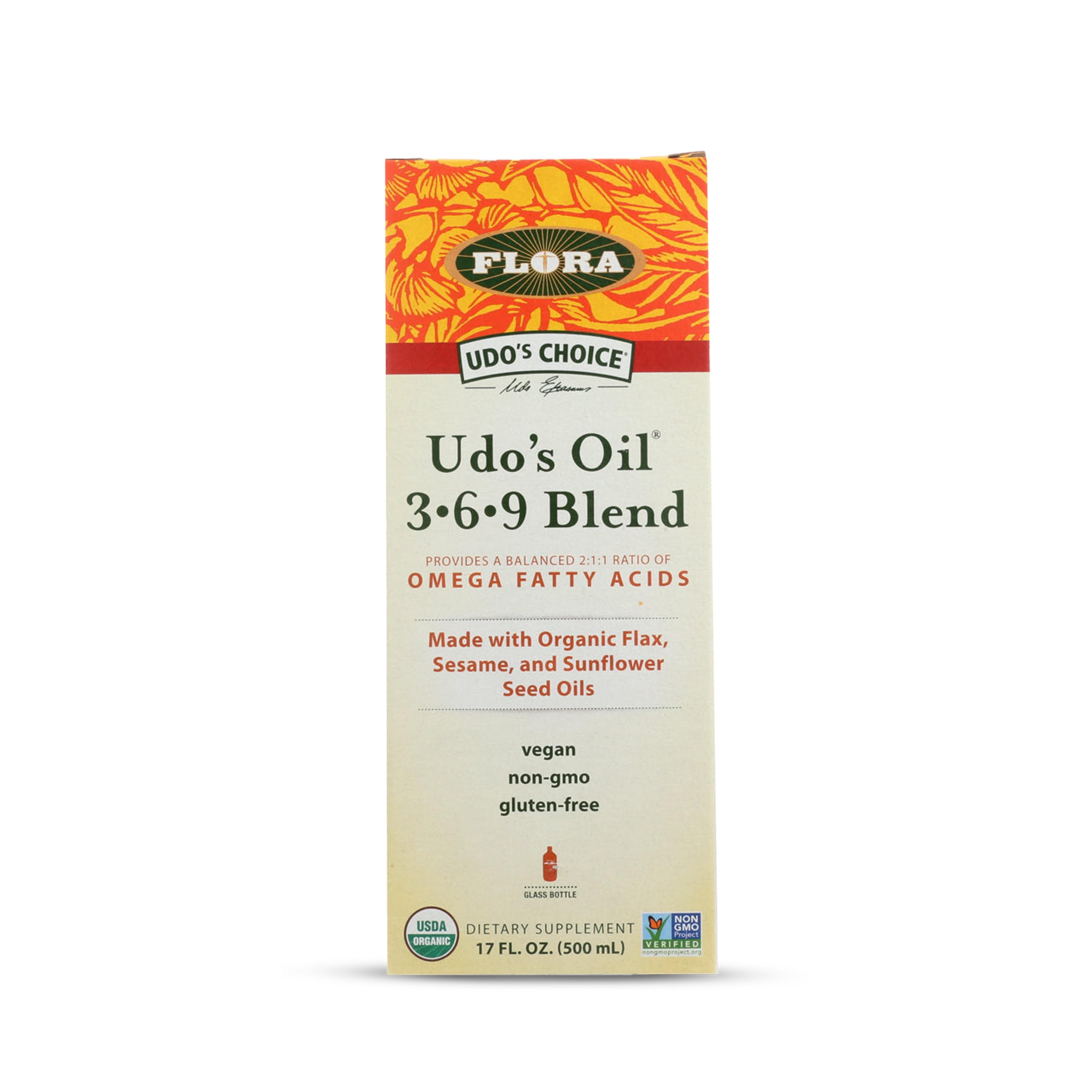 Flora - Udo's Choice Omega 369 Oil Blend, Made with Organic Flax, Sesame & Sunflower Seed Oils, Plant-Based Vegan Omega Fatty Acids, Based on Ideal 2:1:1 Ratio, 17-fl, oz. Glass Bottle