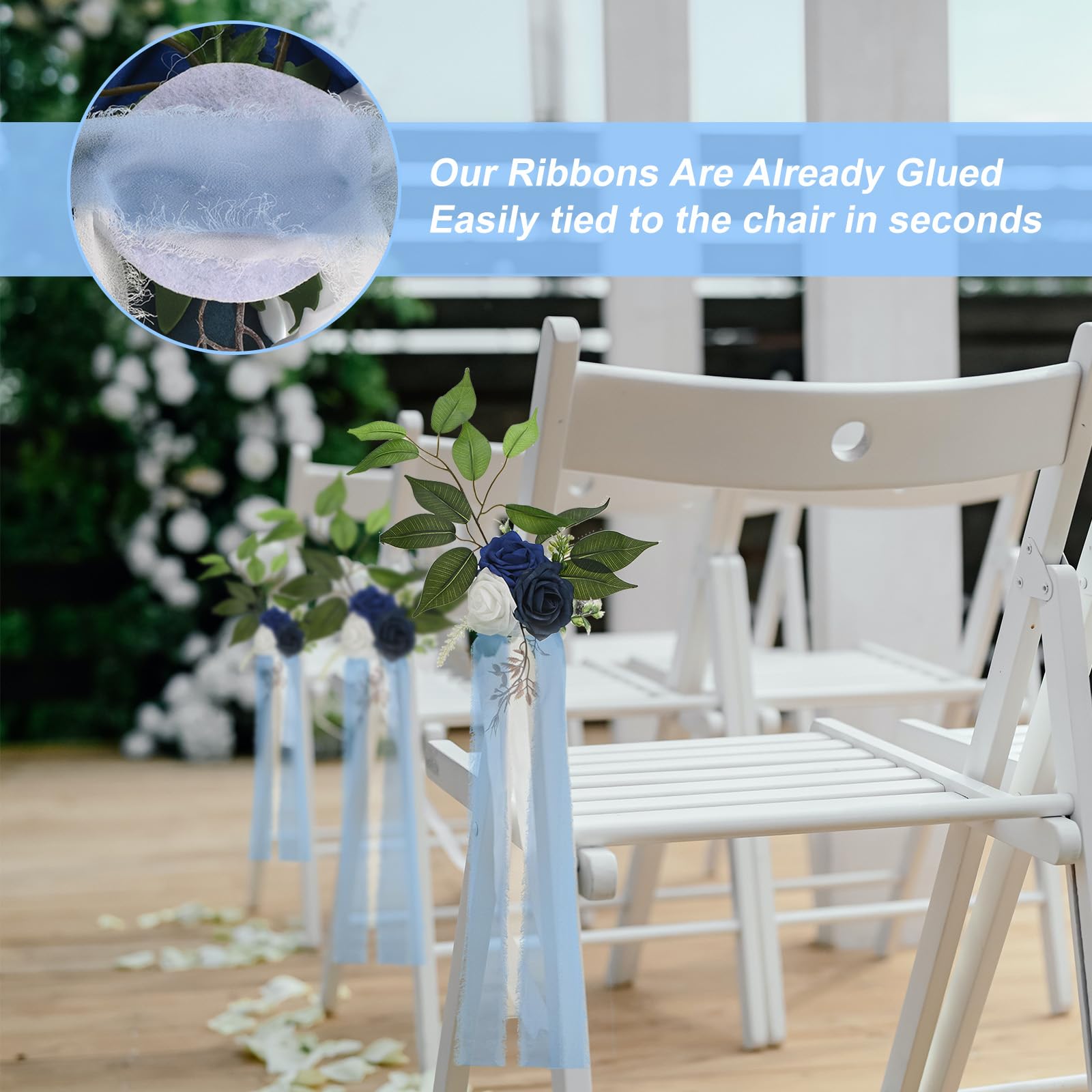 PATIKIL Hochzeit Schiff Dekorationen Topfblumen für Hochzeit Zeremonie Stuhl Set von 10 Stuhl Blumig Dekoration mit Kunstblumen Eukalyptus und Bänder für Kirchenstuhl Party Blau