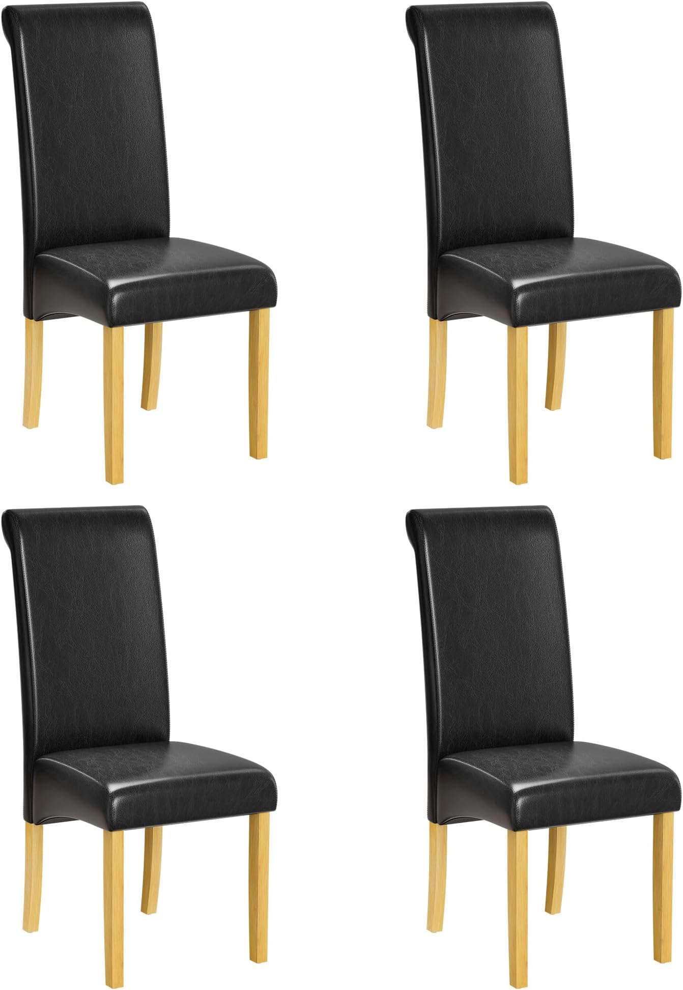 1home Faux Leather Dining Chairs with Solid Wooden Legs, Padded Seat and Curved Backrest, Easy to Clean Waterproof Chairs, Set of 2, Ideal for Kitchen, Living Room, and Study, Black