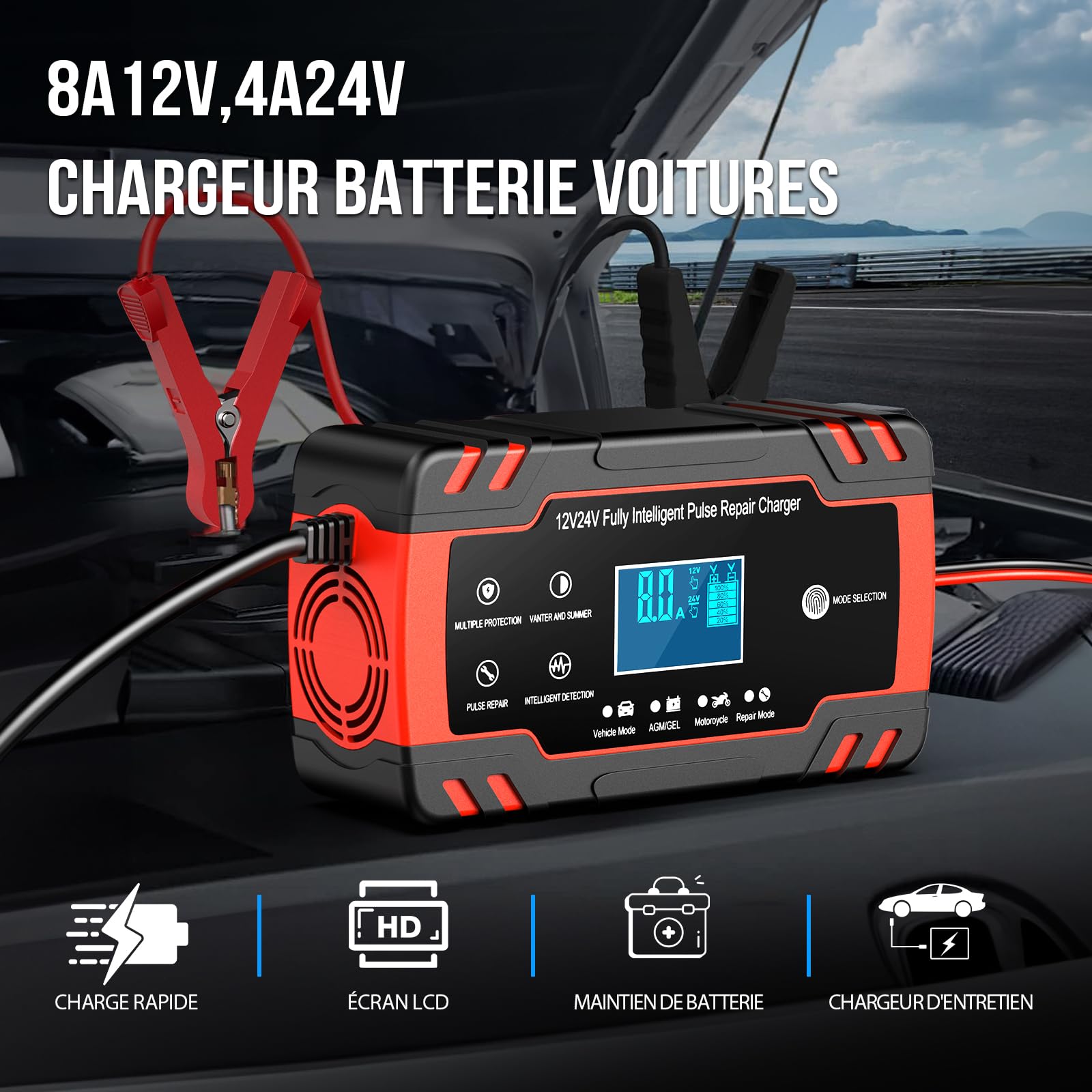 Chargeur Batterie Voitures 12V/24V 8A, Chargeur de Batterie Intelligent Moto avec Fonction Réparation, Maintien de Charge Auto, Écran LCD, pour Voiture Moto Camion, AGM, Gel, Wet, SLA (4-150 AH)