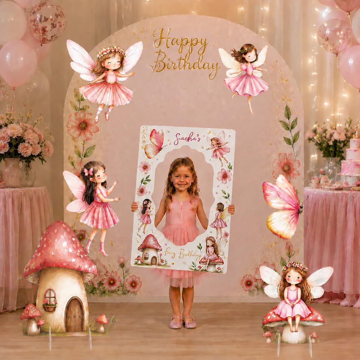 7 decoraciones de cumpleaños de hadas, recortes grandes de cartón con soporte