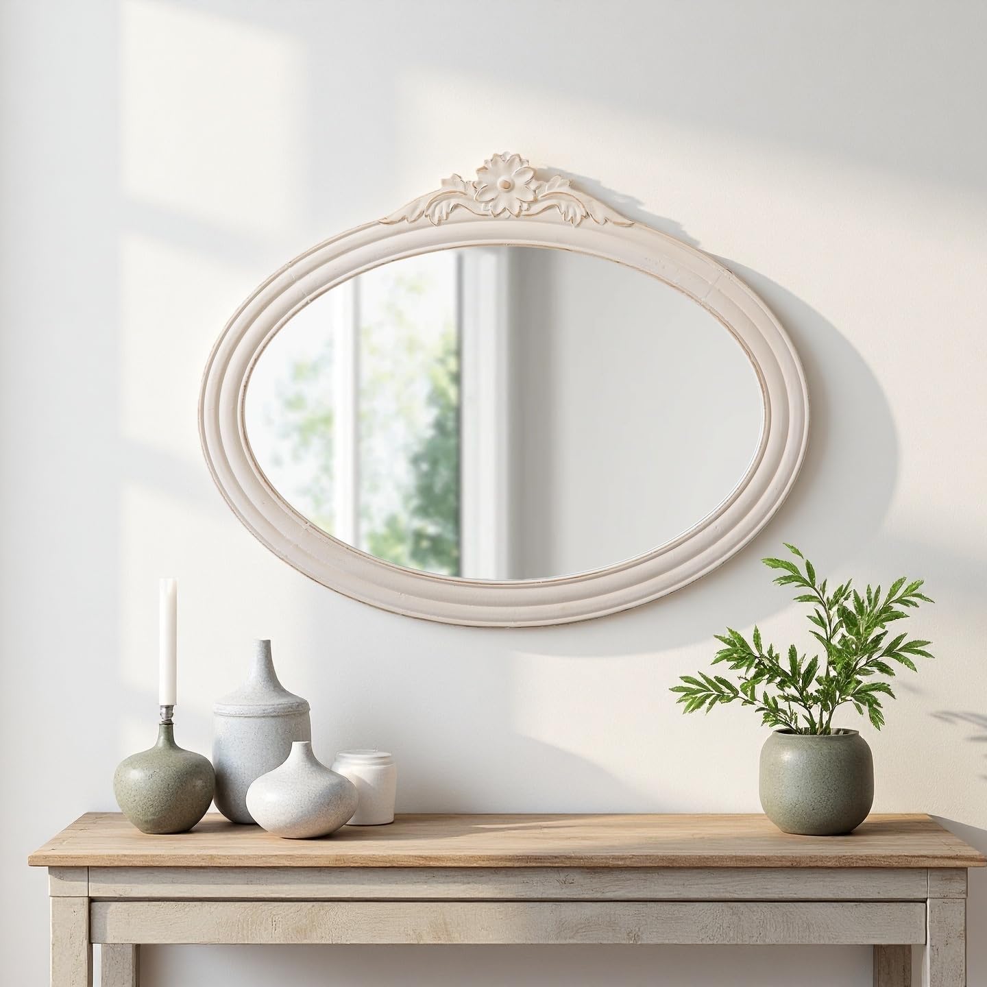 Vintage Oval Mirror 24 X 30 Inch, Hanging Handmade Distressed White Flower Carved Wood Frame Baroque Wall Mirror Decorative for Living Room Bathroom Bedroom Entryway