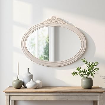 Vintage Oval Mirror 24 X 30 Inch, Hanging Handmade Distressed White Flower Carved Wood Frame Baroque Wall Mirror Decorative for Living Room Bathroom Bedroom Entryway