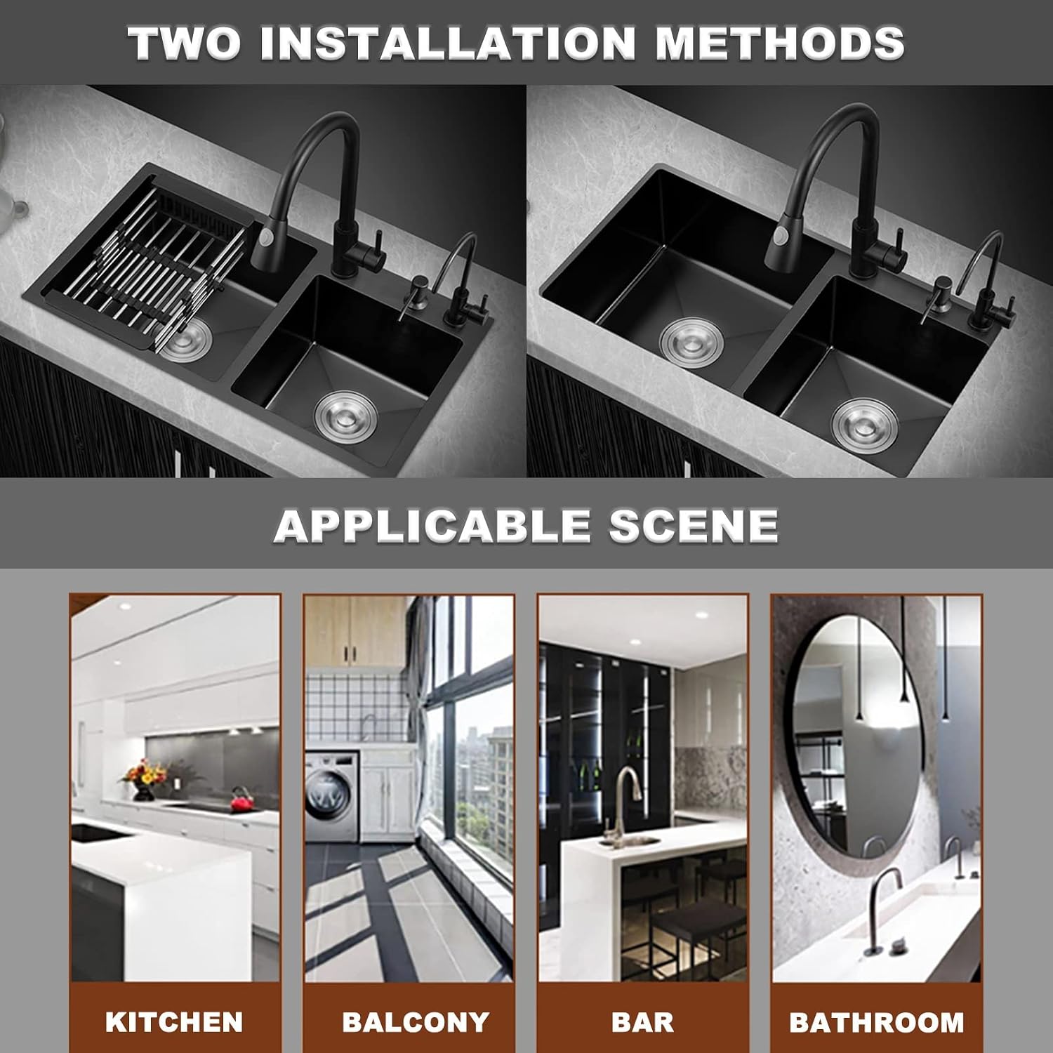 304 Stainless Steel Black Bar Sink Square Kitchen Sink RV Sink with Faucet & Drain Top Mount Or Undermount (Color : Black-d, Size : 68x38x22cm)
