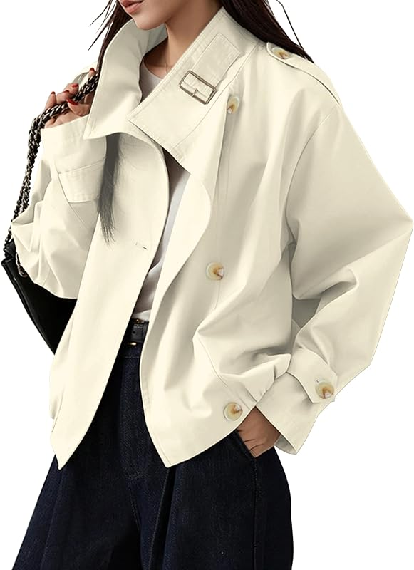 Megfie Jackets for Women Trendy Vintage Trench Coat Turtleneck Crop Jackets with Pockets
