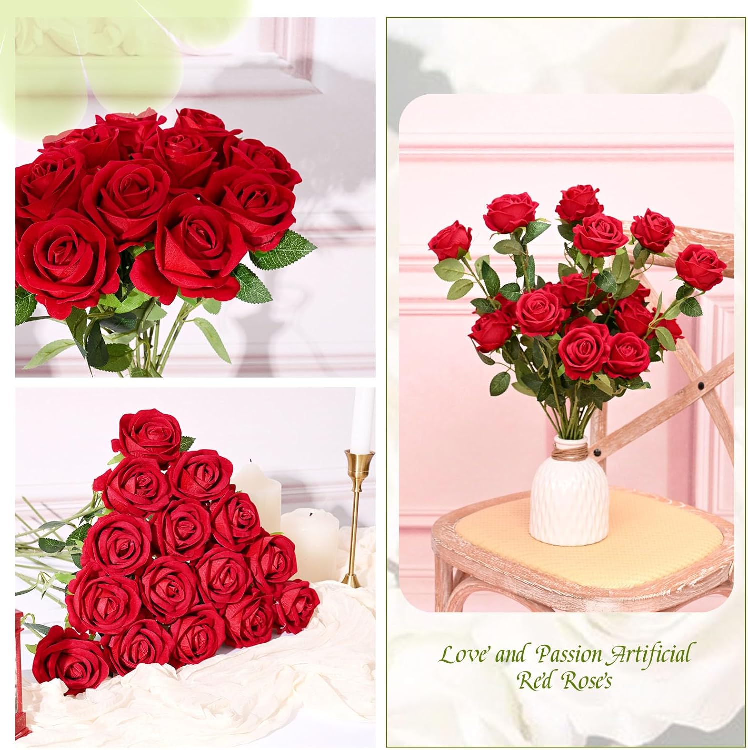Pesonlook 50 Pcs Red Rose Artificial Roses Flowers Bulk, Red Flowers Artificial Velvet Silk Fake Roses,Realistic Faux Roses with Stems Fake Flower for Wedding,Bouquet,Bridal Shower,Party,Home Decor