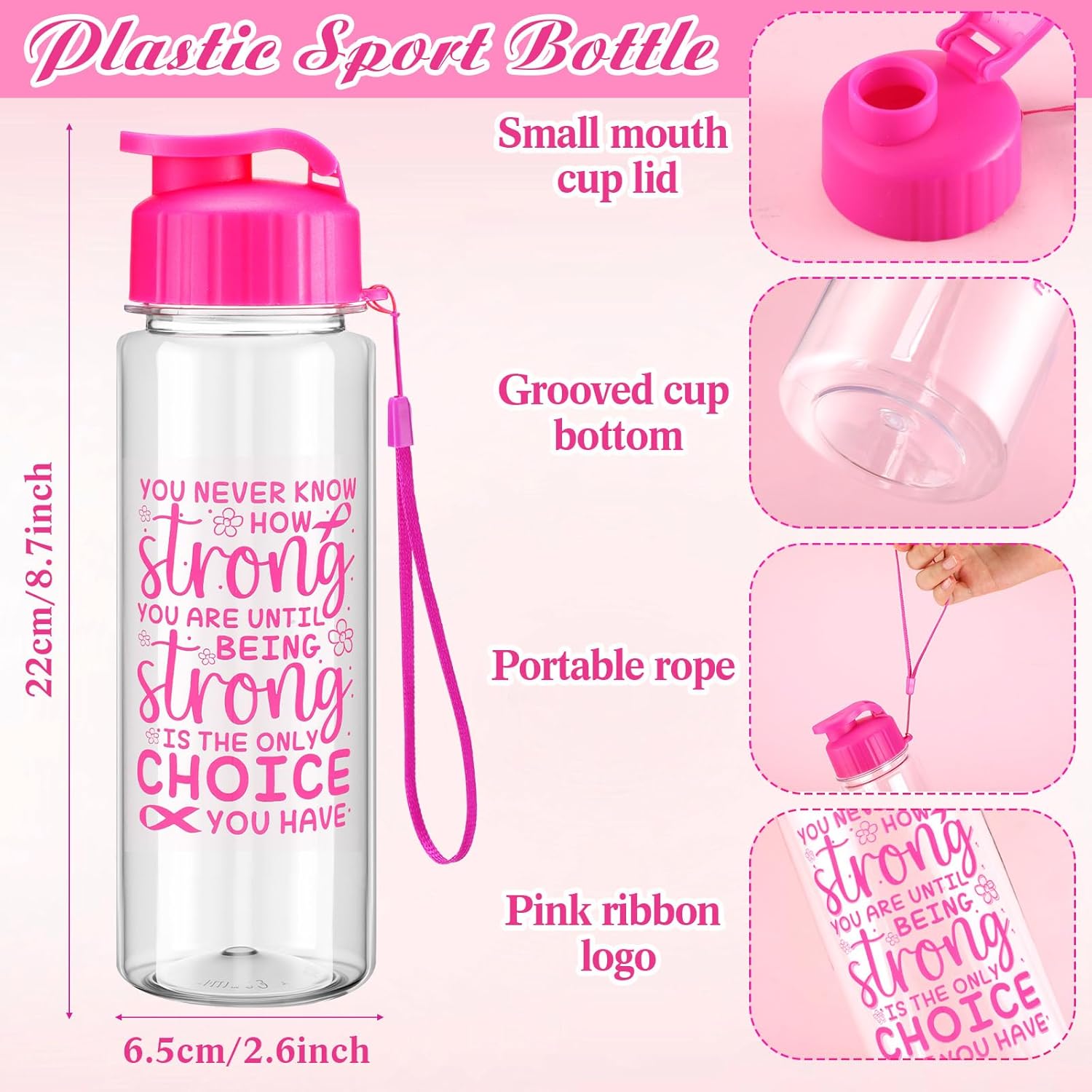Reallnaive 12 Pcs Breast Cancer Gifts for Woman 17 oz Breast Cancer Awareness Water Bottles Inspirational Pink Plastic Cups Sport Water Bottles Survivor Gifts for Woman