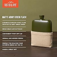 Vista 2 de Foster & Rye Flask Whisky - Juego de 1 botella de acero inoxidable para hombre, color verde militar mate con envoltura de lona, 6 onzas, 6 onzas
