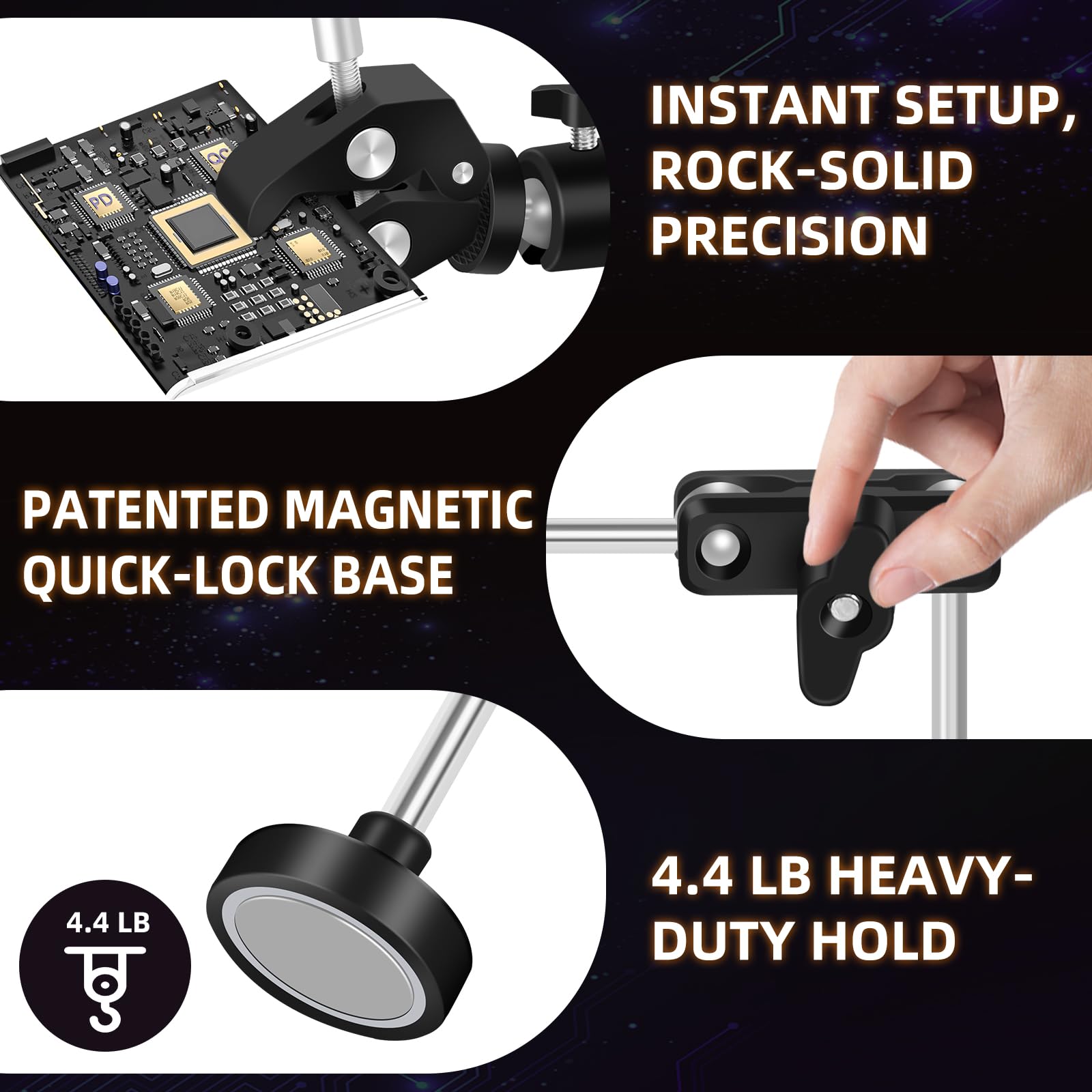 NEWACALOX - Strumento di aiuto di terza mano con 4 bracci di aiuto per saldatura, supporto per morsetto per PCB e 4 pilastri per supporto PCB (trattati termicamente)