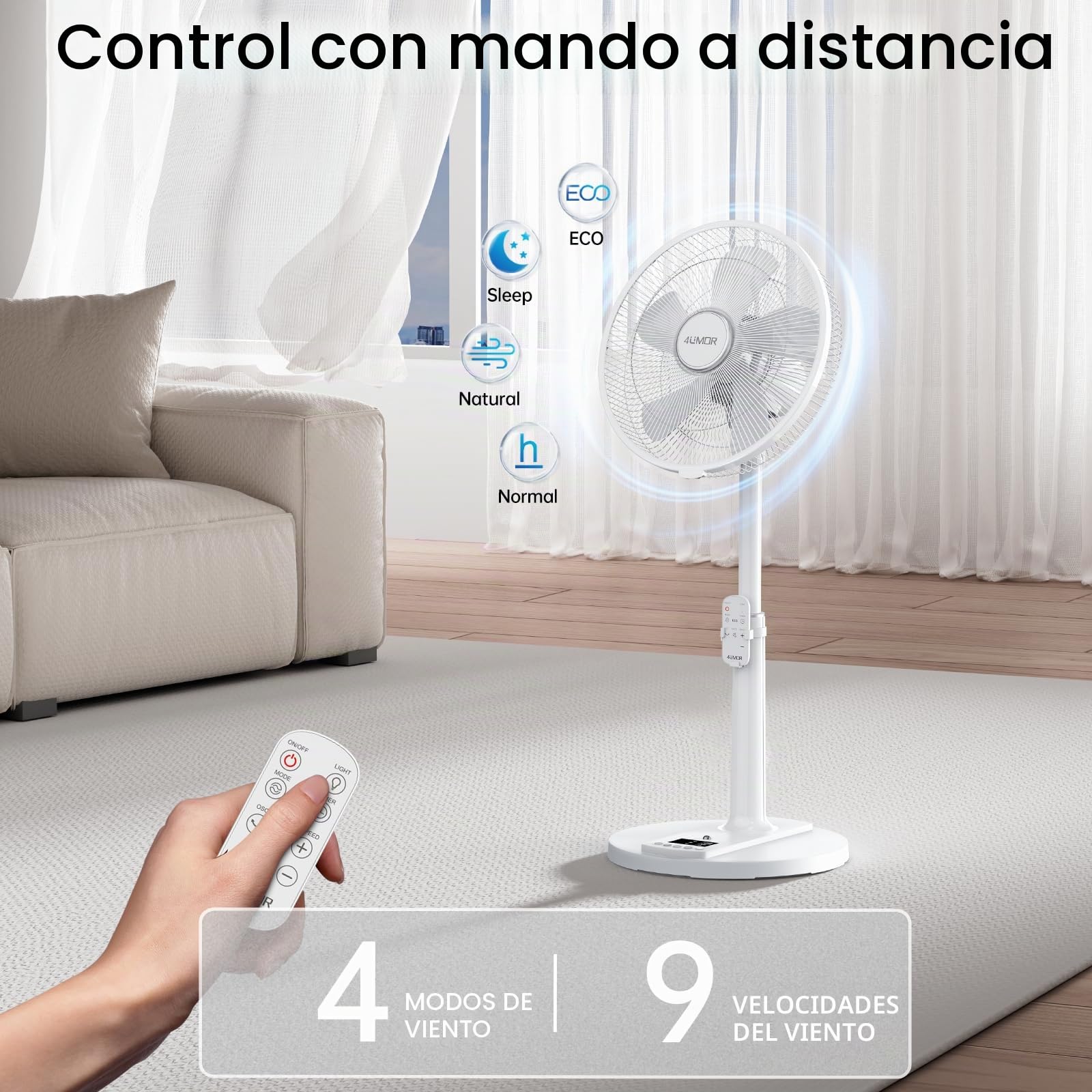 4UMOR Ventilador de Pie Silencioso 20dB con Control Remoto, Ventilador Motor DC para Mesa, 9 Velocidades, 4 Modos, 24W con Temporizador