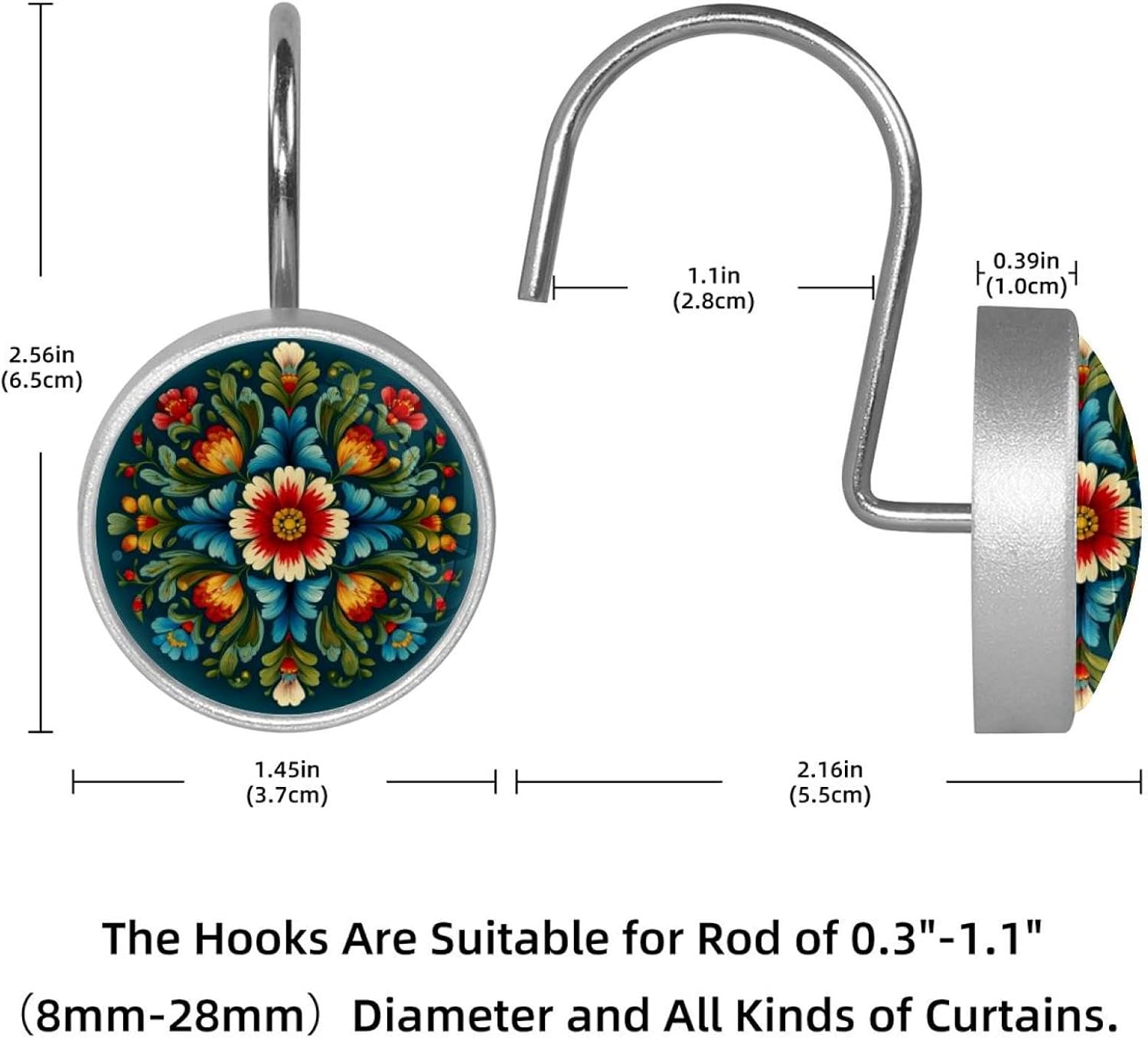 12 Pack Norwegian Rosemaling Folk Style Flower Shower Curtain Hooks, Stainless Steel Decorative Shower Curtain Rings for Bathroom, Rust Proof Shower Curtain Hangers for Curtains Rods