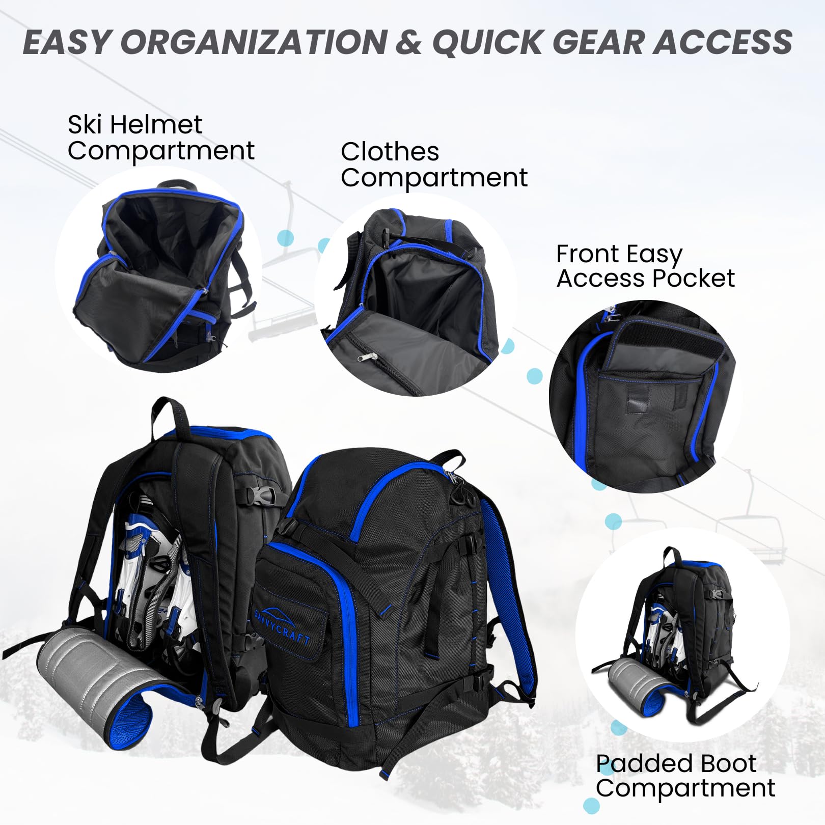 Savvycraft Ski Boot Bag, 50L Ski Backpack for Ski and Snowboard Boots, Helmets, Gloves, and Accessories, Lightweight Durable Convenient, Blue
