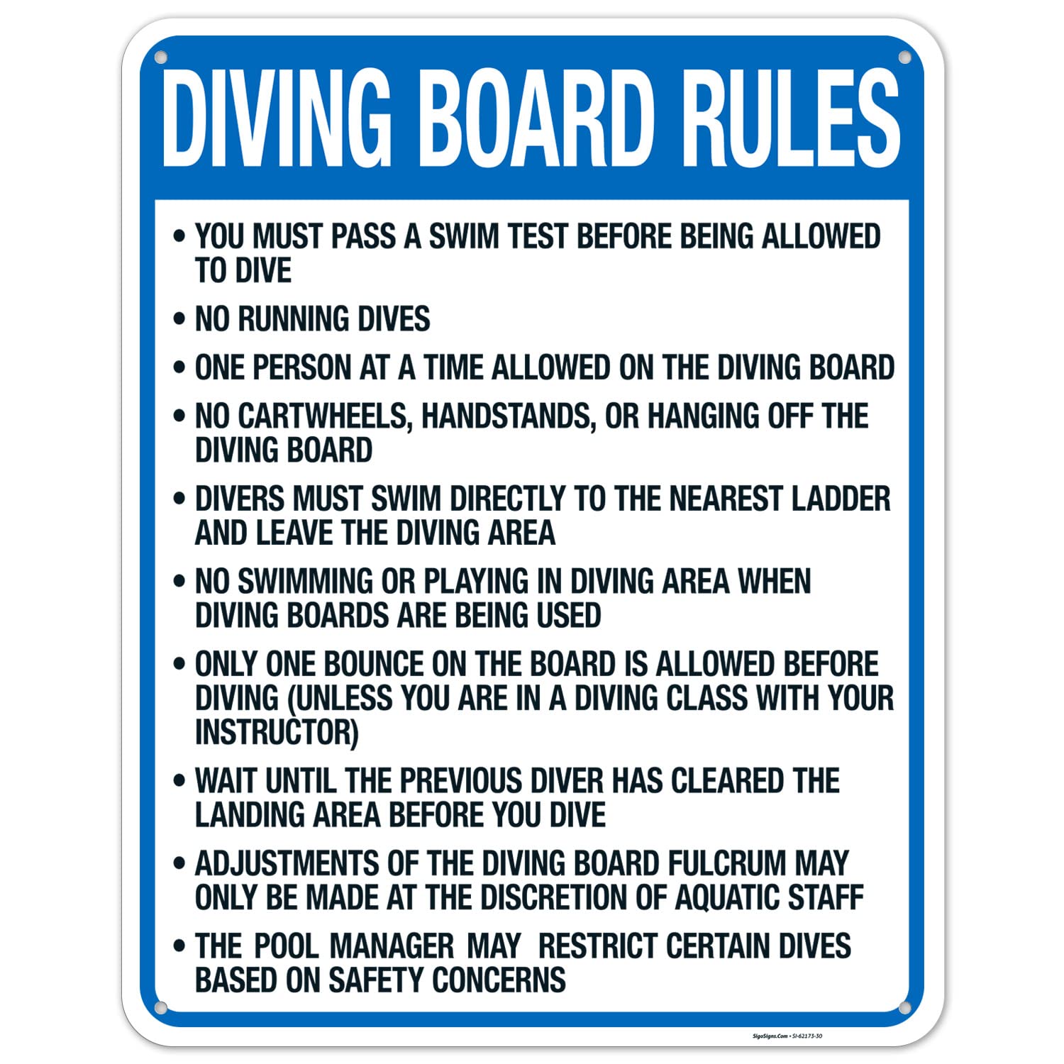 Washington Diving Board Rules Sign, Complies with State of Washington Pool Safety Code, 18x24 Inches, 55 mil Thick HDPS (high Density polystyrene), Made in USA