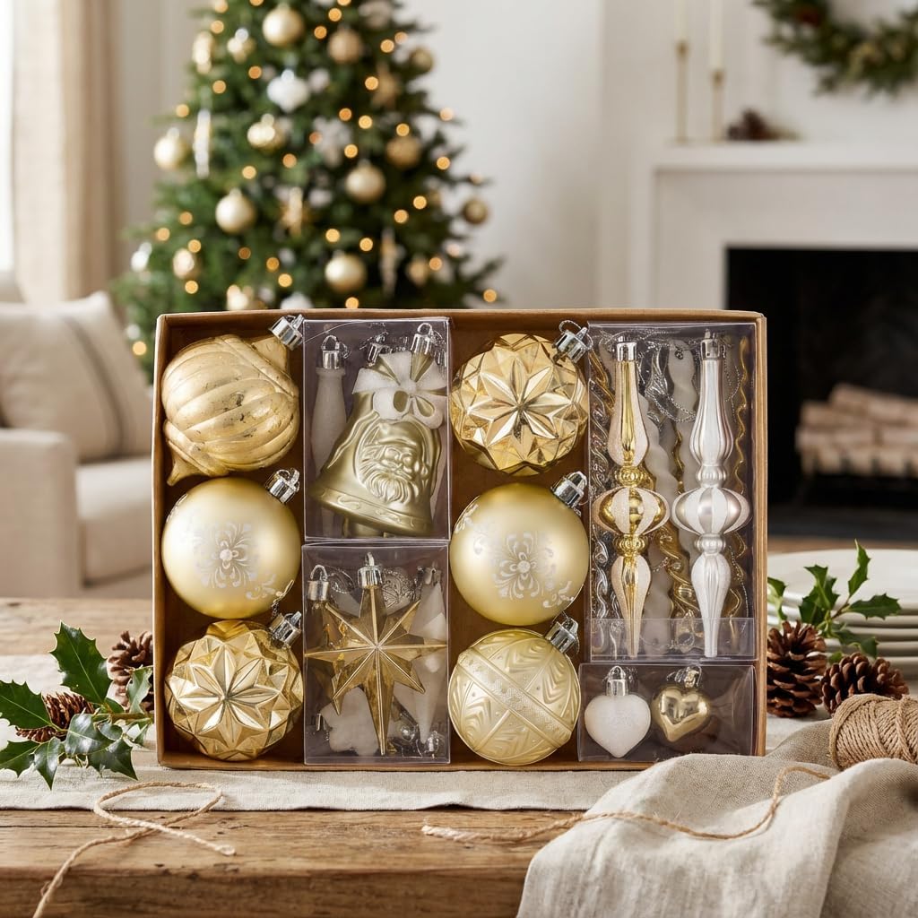 Valery Madelyn Ornaments for Christmas Trees, 50ct White and Gold Shatterproof Christmas Tree Decorations, Luxury Hanging Ball Ornaments Bulk for Xmas Holiday Party Decor