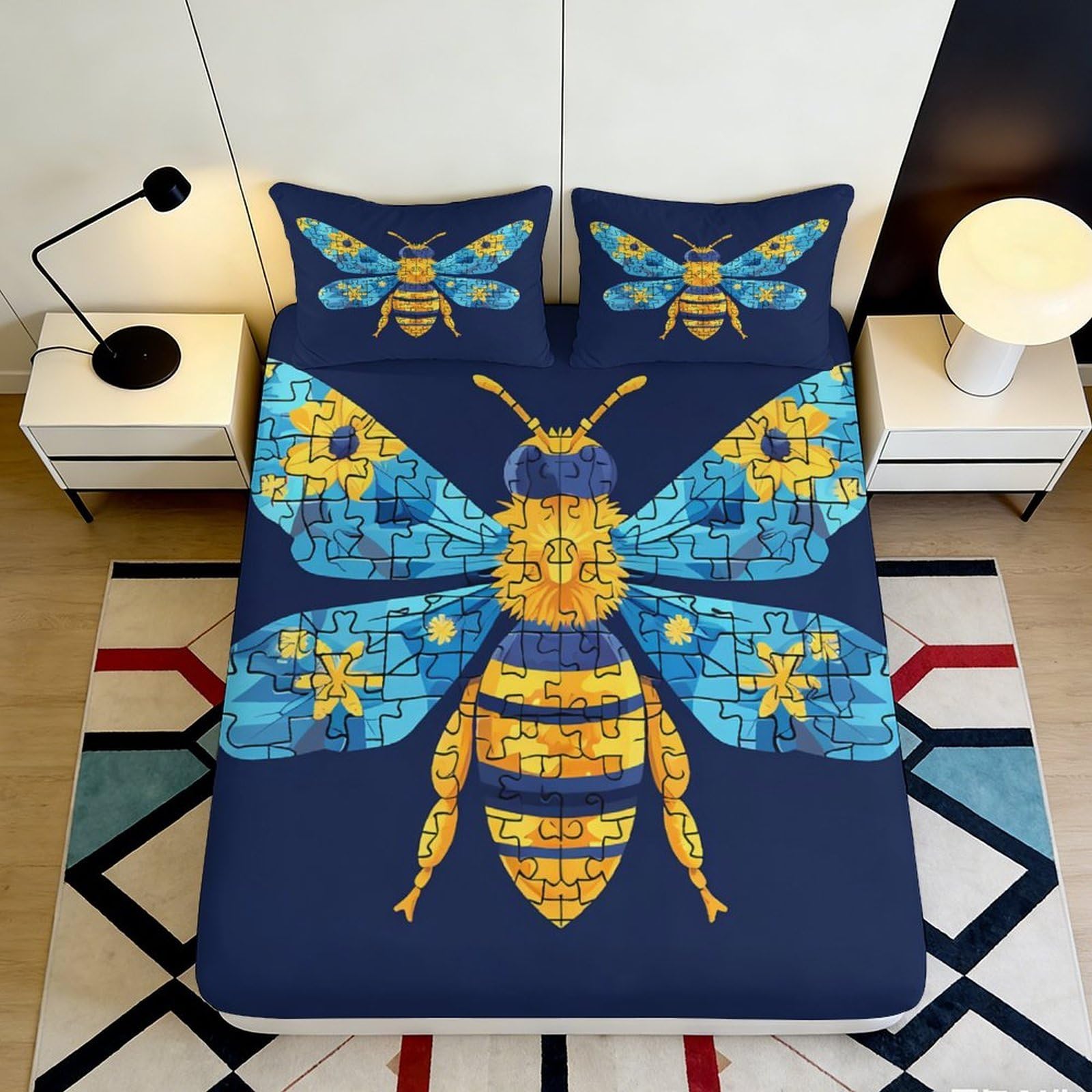 3D Printed Honeycomb Art Fitted Sheet Microfiber Deep Pocket Bedroom Bedding Adult Non-Slip Elastic Bee Mattress Fitted Cover Washable 200x200x25cm 90x200x25cm