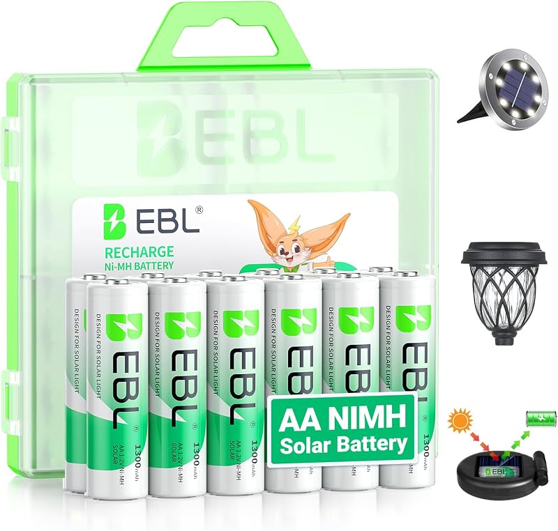 Solar AA Battery Rechargeable Batteries for Solar Lights, 12 Pack | 1300mAh NIMH Pre-Charged 1.2V Mercury-Free, 1200 Cycles for Outdoor Garden Landscaping String Lights