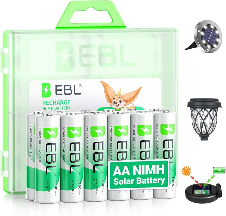 EBL Solar AA Battery Rechargeable Batteries for Solar Lights, 12 Pack | 1300mAh NIMH Pre-Charged 1.2V Mercury-Free, 1200 Cycles for Outdoor Garden Landscaping String Lights