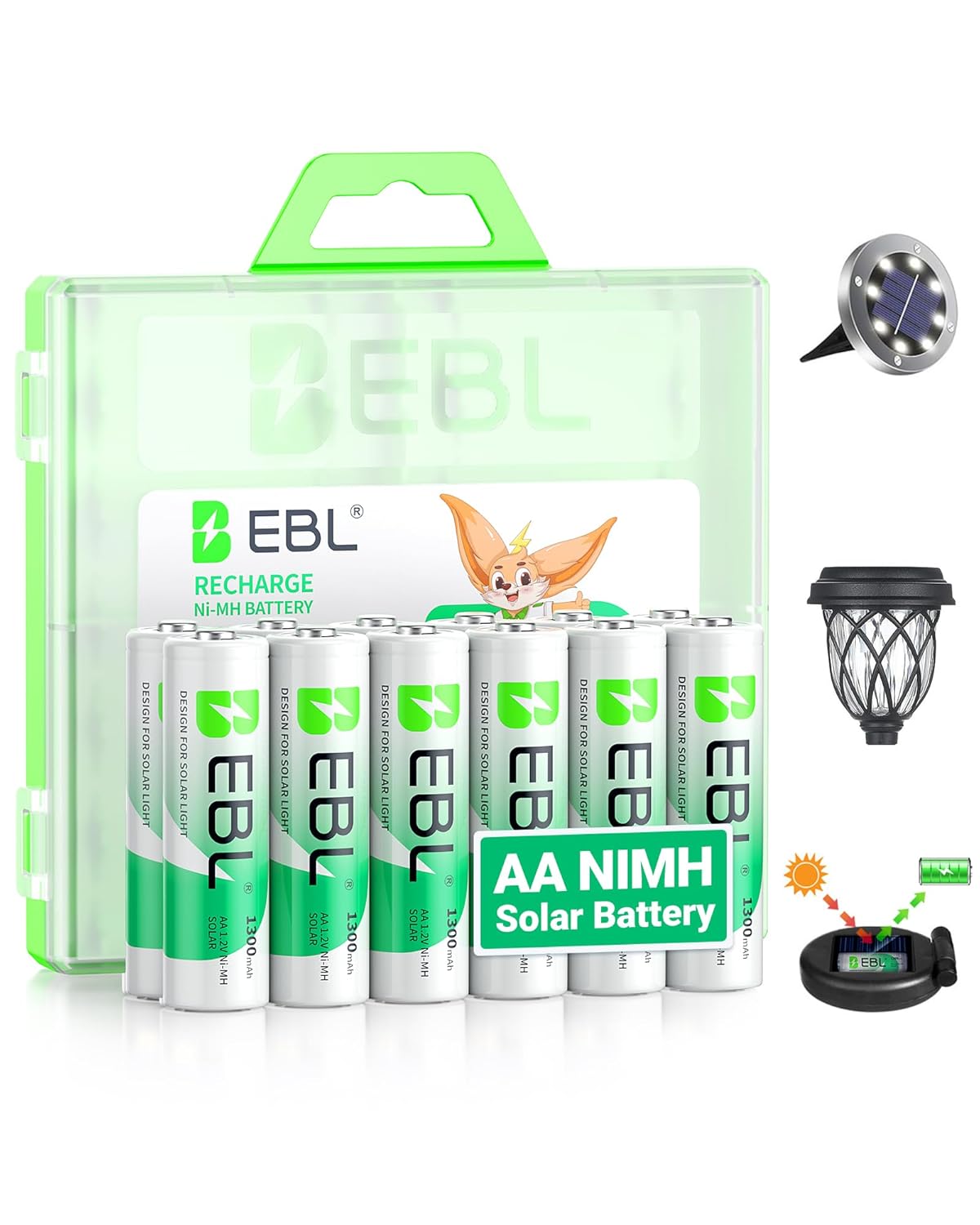 EBL Solar AA Battery Rechargeable Batteries for Outdoor Solar Lights 1300mAh NIMH Pre-Charged 1 2V Recharge up to
