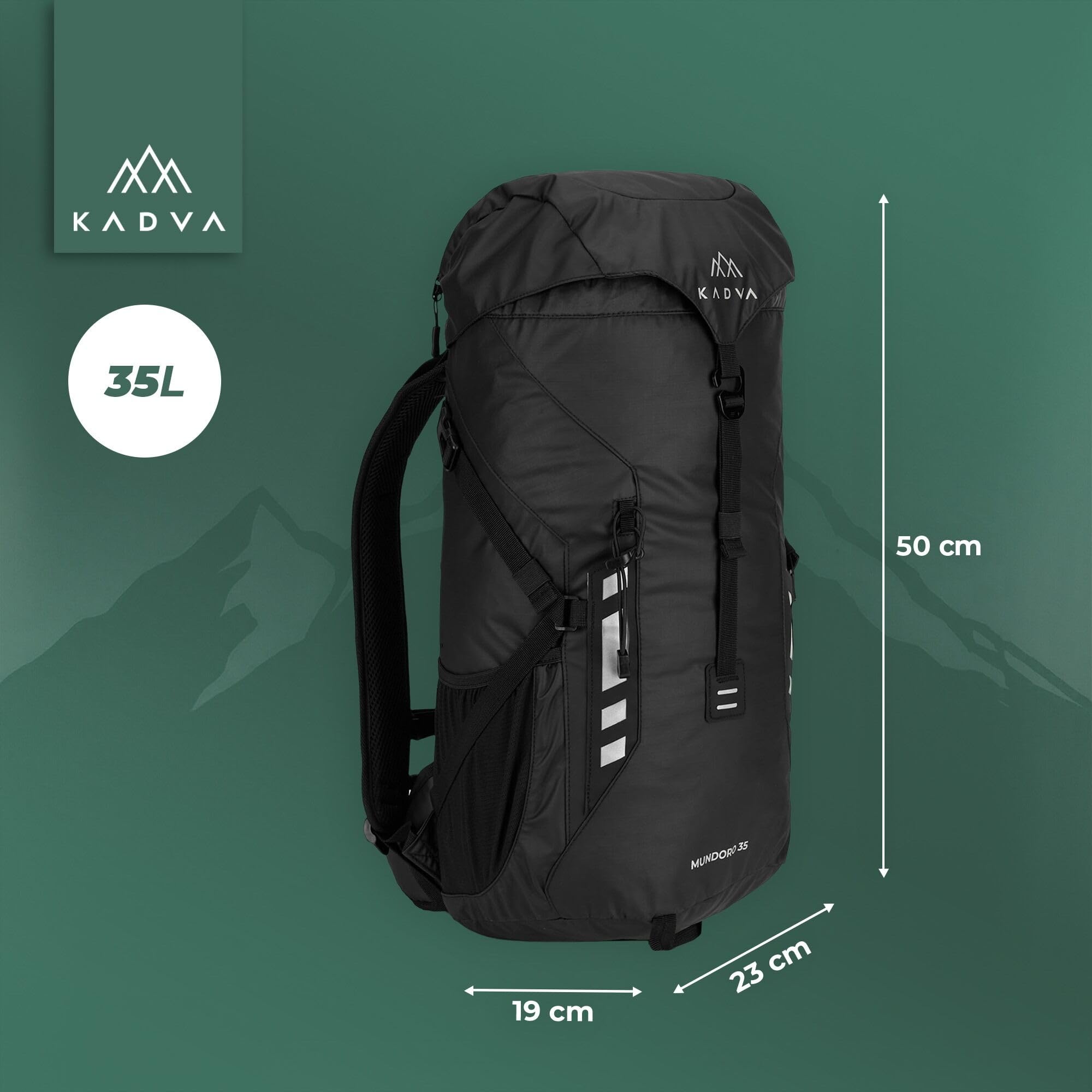 KADVA Mundoro plecak turystyczny 35 l, wentylacja pleców Windflow, pas piersiowy i biodrowy, boczne kieszenie z siatki, uchwyt na kijki trekkingowe, wodoodporny materiał