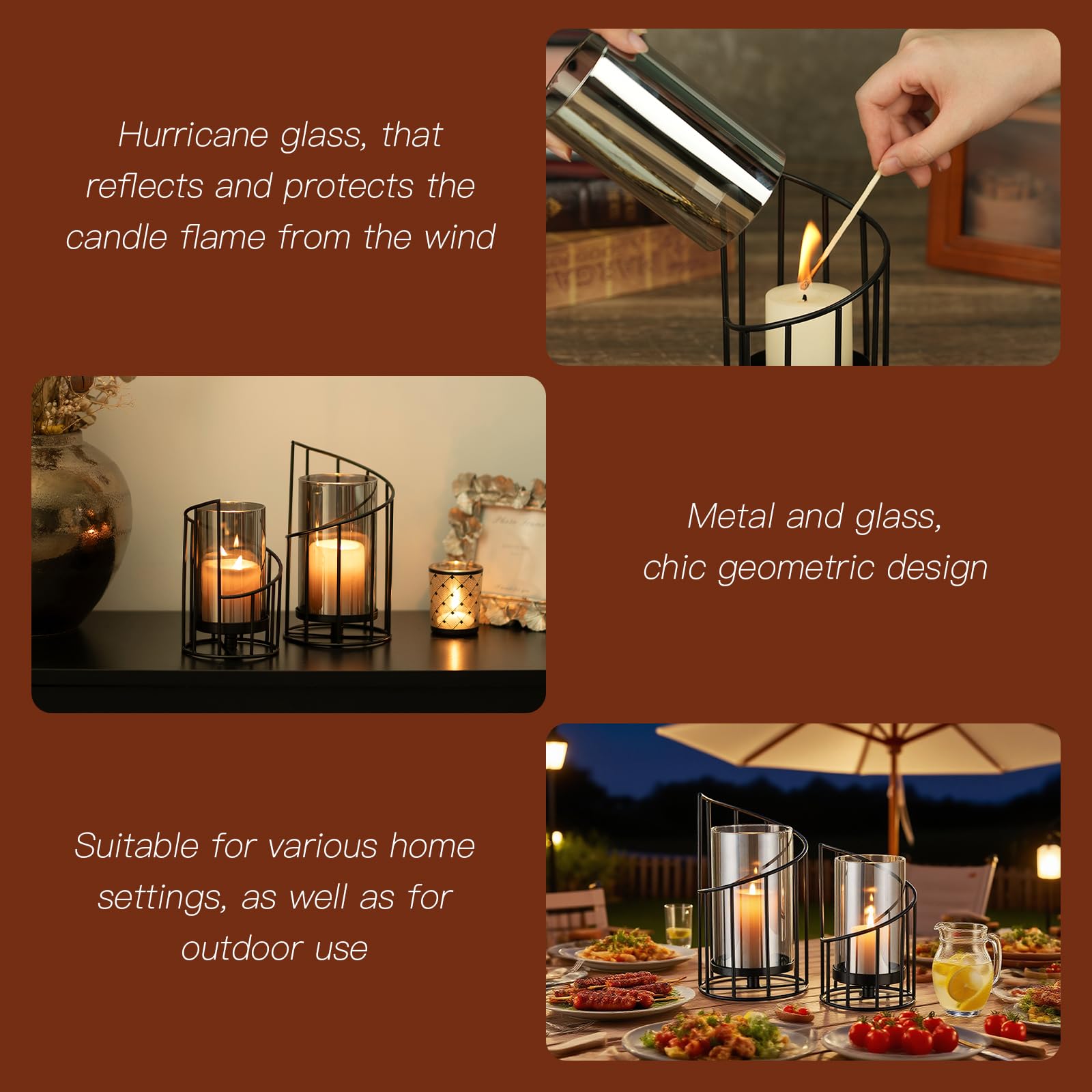 2er Set Windlicht Outdoor, Kerzenständer Metall Schwarz | Kerzenhalter für Stumpenkerze, Tischdeko, Modern Deko für Wohnzimmer, Badezimmer, Garten, Windlichter Draußen und Drinnen