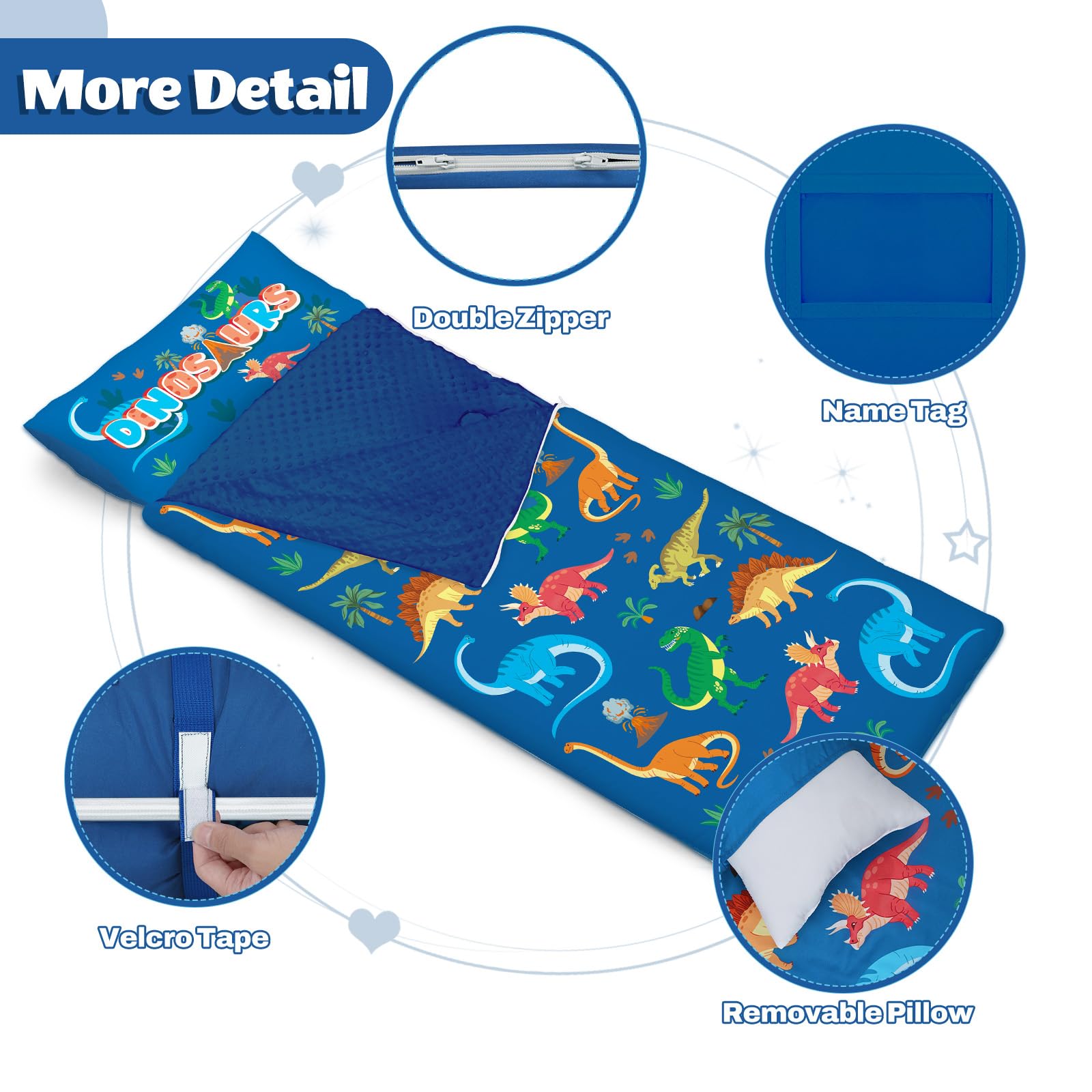 Sacco a Pelo per Bambini con Cuscino e Doppia Cerniera, 150x60 cm Nap Mat per Bambini, Ideale per Casa, Asilo, Scuola Materna e Campeggio