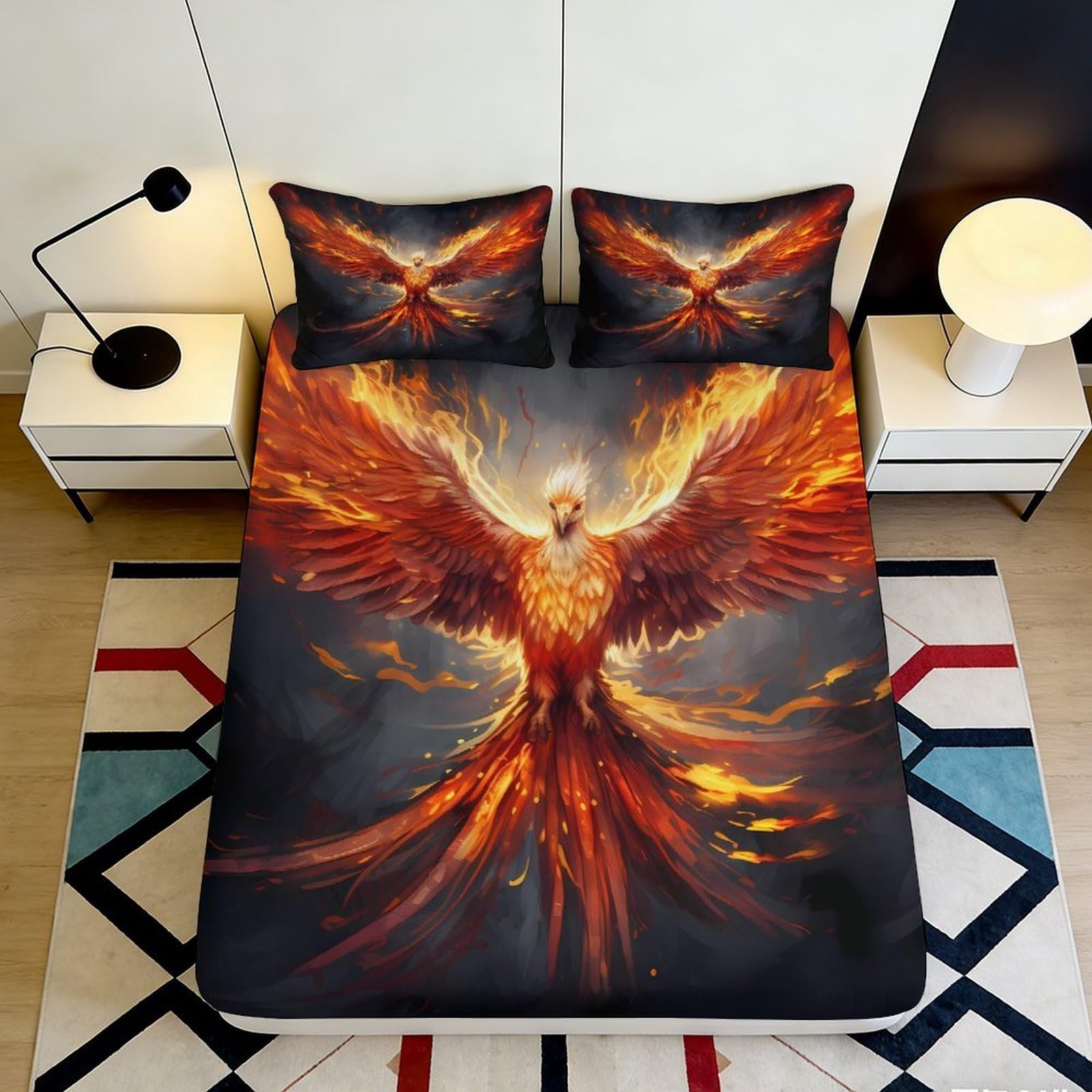 3D Printed Phoenix Fire Fitted Sheet Microfiber Soft Breathable Flame Bird Bed Cover for Bedroom Dorm Decor 90x200x25cm