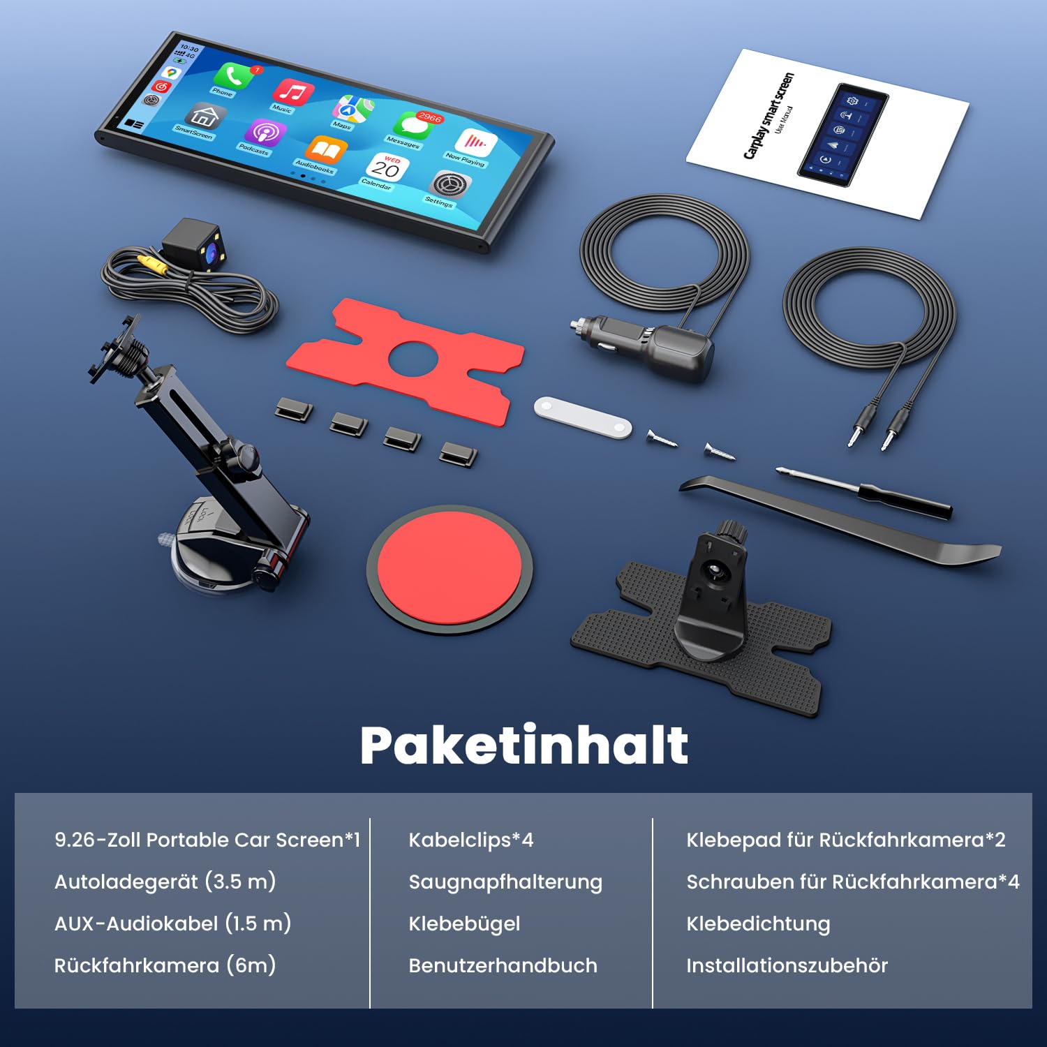 Drahtloses CarPlay Display 9,26" für Apple CarPlay & Android Auto, OTA-Updates, Rückfahrkamera, Bluetooth 5.0, GPS-Navigation
