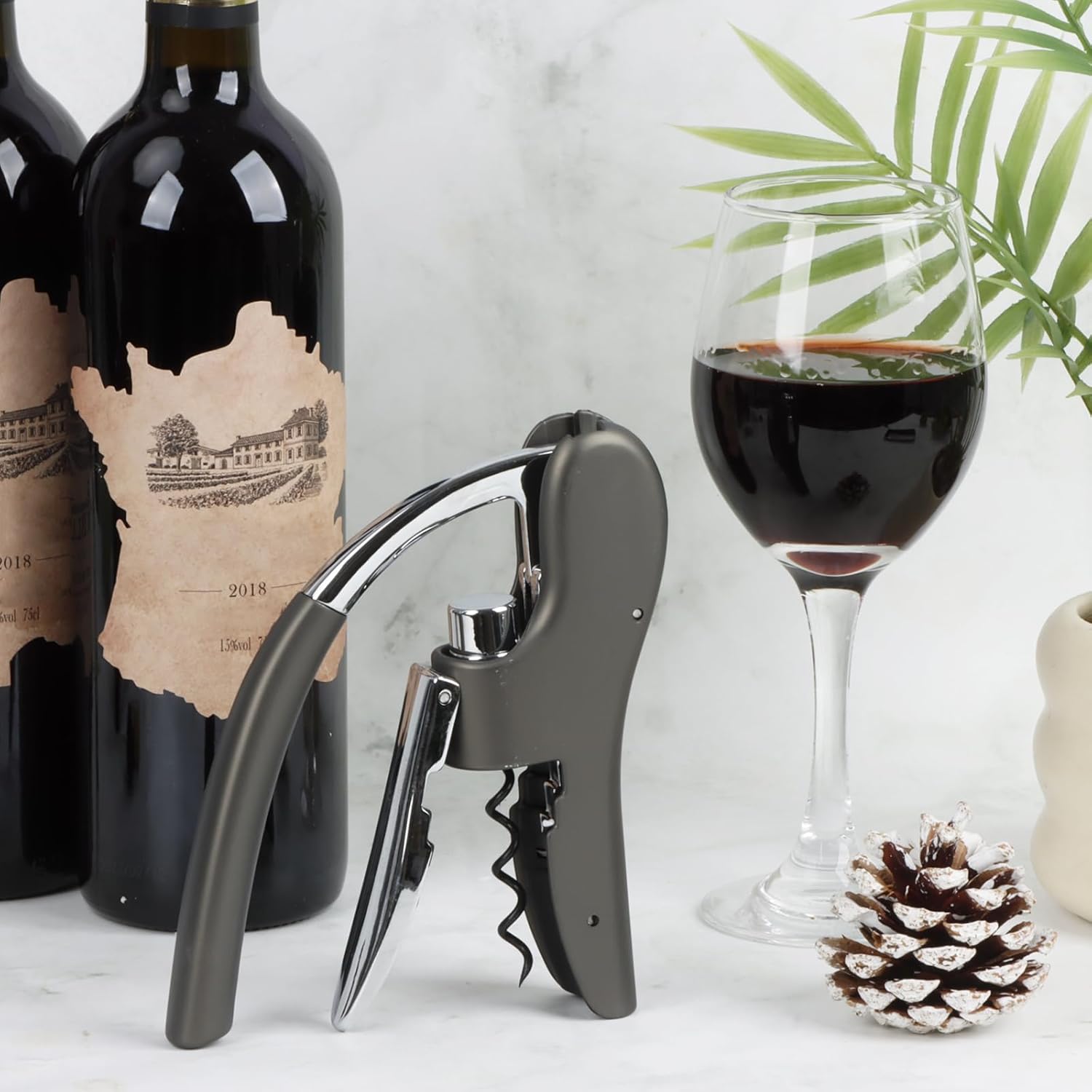 KAYCROWN Stainless Steel Wine Bottle Opener, Vertical Lever Corkscrew with Metal handle, Foil Cutter and Extra Spiral, Manual Handheld Corkscrew with Ergonomic Lever Pump(Grey)