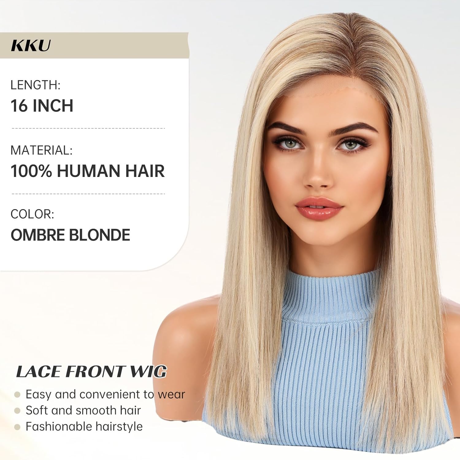 KKU 16 Inch Human Hair Wig Real Hair Wigs for Women C Side Lace Wig Perfect Style for Any Occasion Light Blonde