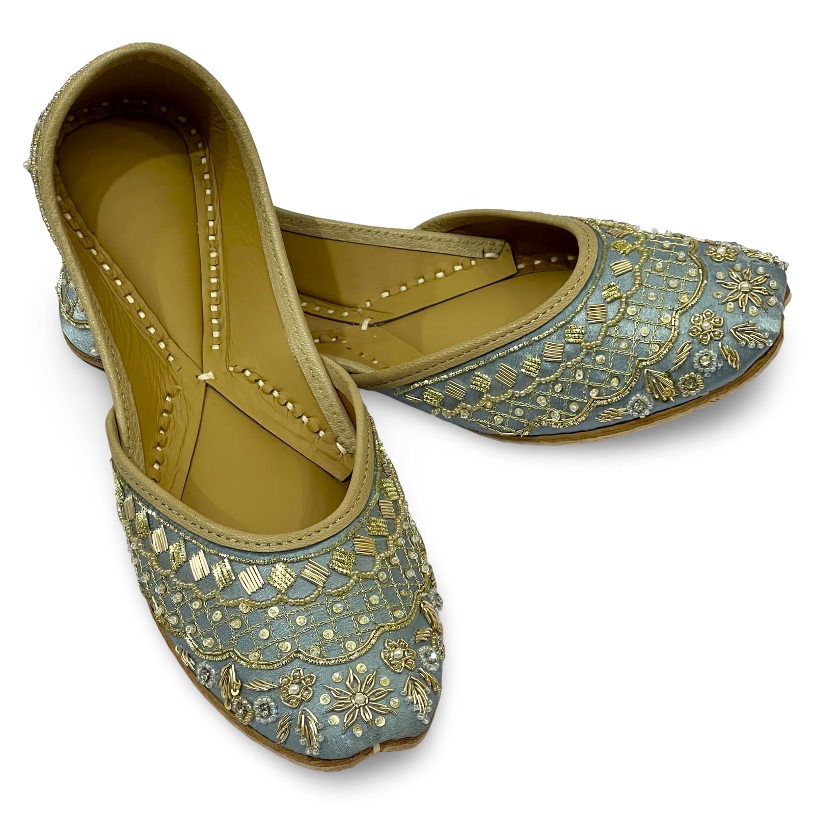 Zeenat Blue || Handcrafted Jutti Flats, Light Blue with Gold Embroidery, Beaded Ethnic Punjabi Jutti-image-44