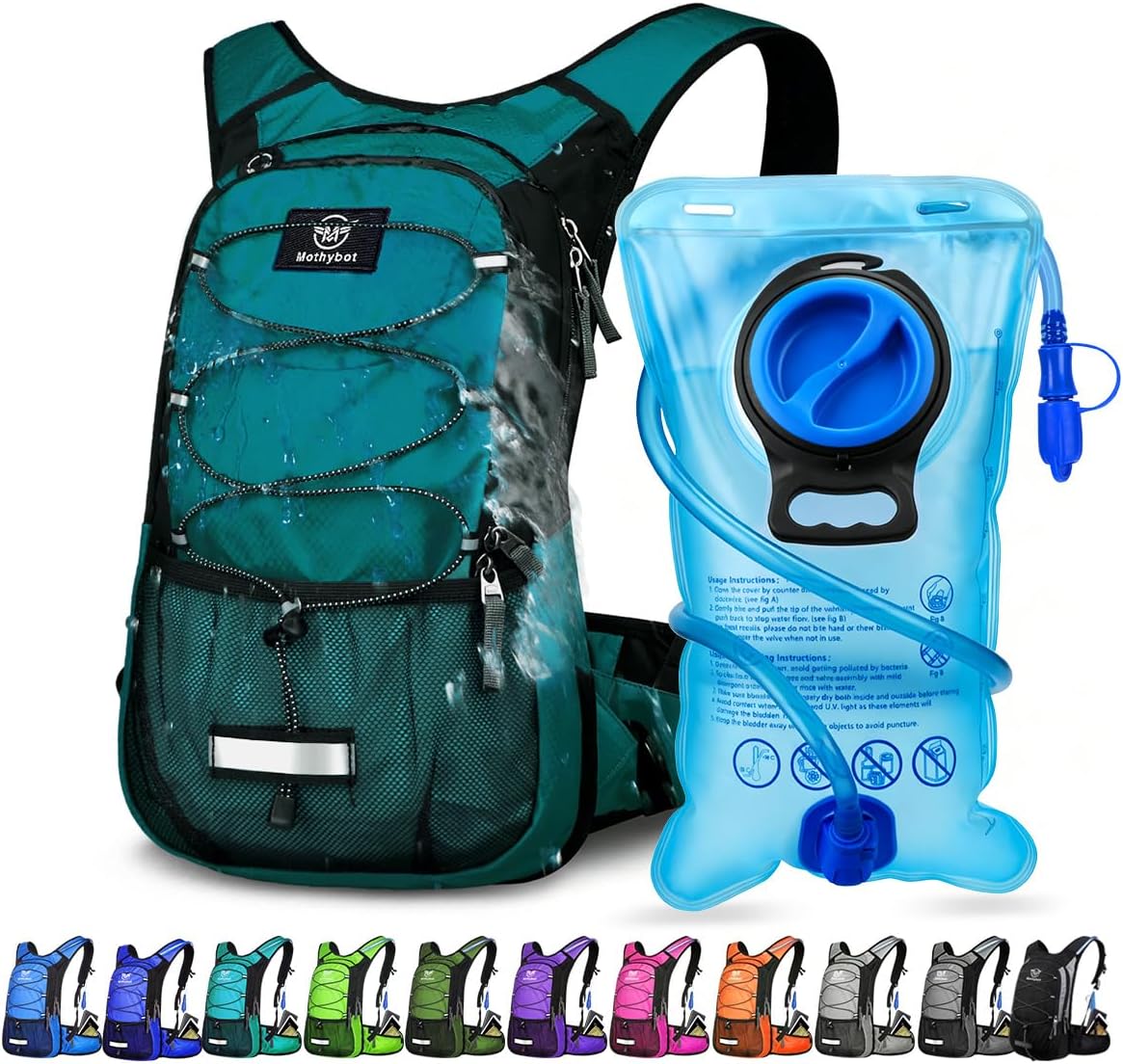 Mothybot Insulated Hydration Backpack Pack with 3L BPA Free Leak Proof Water Bladder, Large Storage Lightweight Hiking Daypack with Waist Pouches & Cooler Layer, for Running, Biking, Camping, Festival