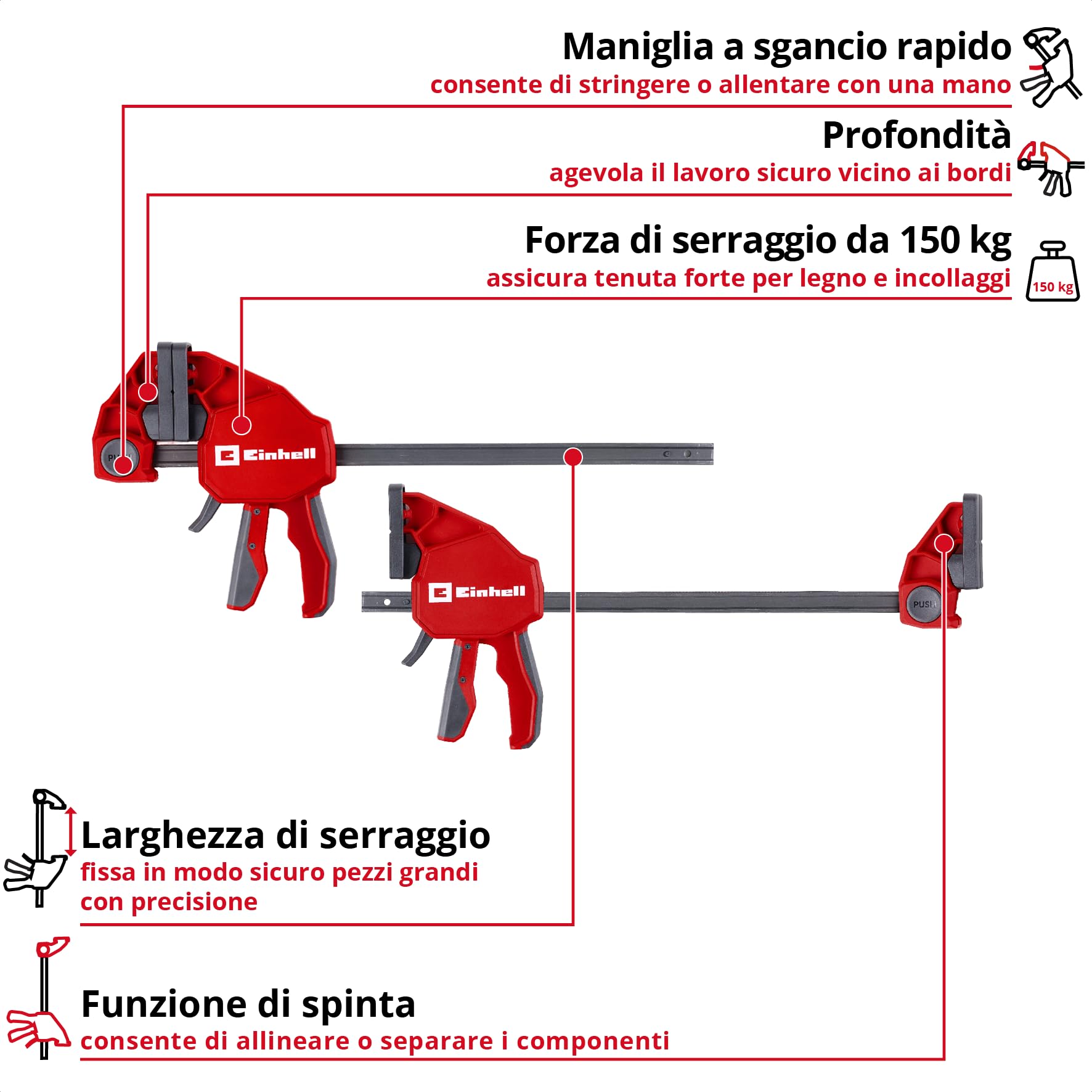 Einhell Set morsetti 2x30cm (Sgancio rapido, apertura 300 mm, forza 150 kg, espansione, profondità, conversione senza attrezzi)
