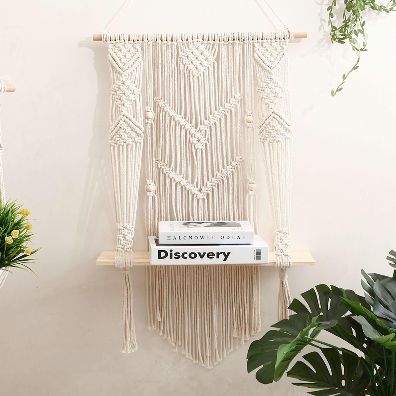 Daesar Tapiz Habitación Madera con Borlas Tejidas,Tapices Macrame Beige Tapiz Macrame Estanteria,50x80cm
