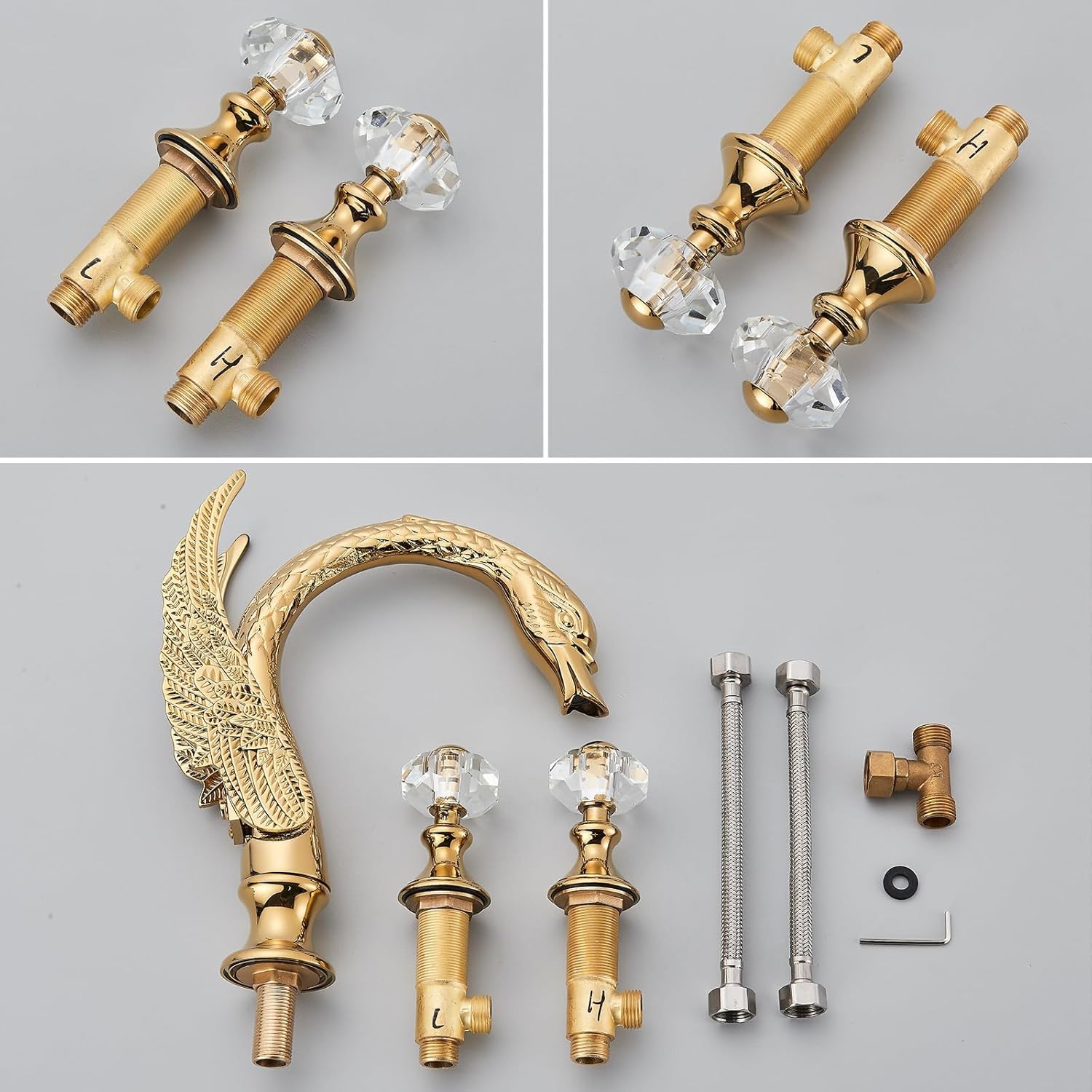 Polished Gold Swan Shaped 3 Hole Lavatory Faucet with 2 Crystal Knobs - Deck Mount Bird Faucet