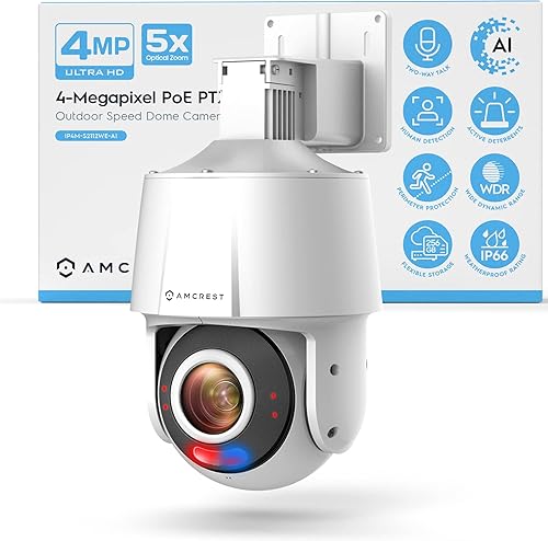 Amcrest Cámara IP PTZ POE AI de 4 MP para exteriores, cúpula de seguridad con zoom de inclinación, zoom óptico motorizado 5X, detección humana,