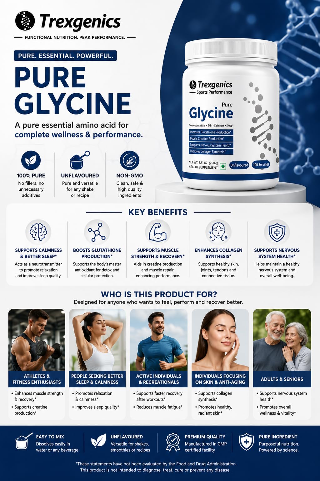 Trexgenics GLYCINE Pure Powder (100 Servings) Neurotransmitter, Skin, Calmness, Sleep, Relaxation Support (250 Gram) 4