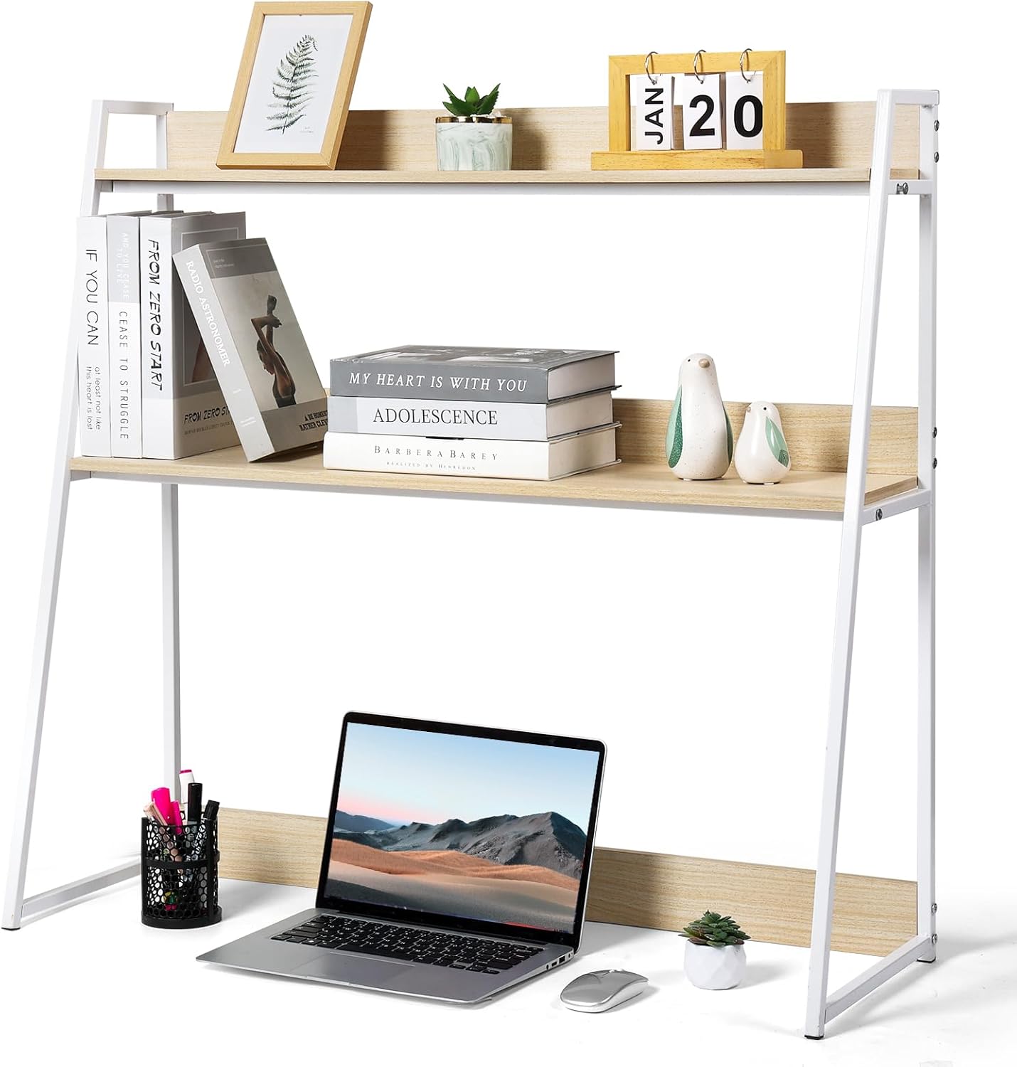 2-Tier Desktop Bookshelf & Hutch - Fits Over Large Monitors - Modern Desk Organizer with Metal Frame - Vertical Storage for Small Desks, Home Office, Dorm, Makeup Vanity (Blonde Wood/White)