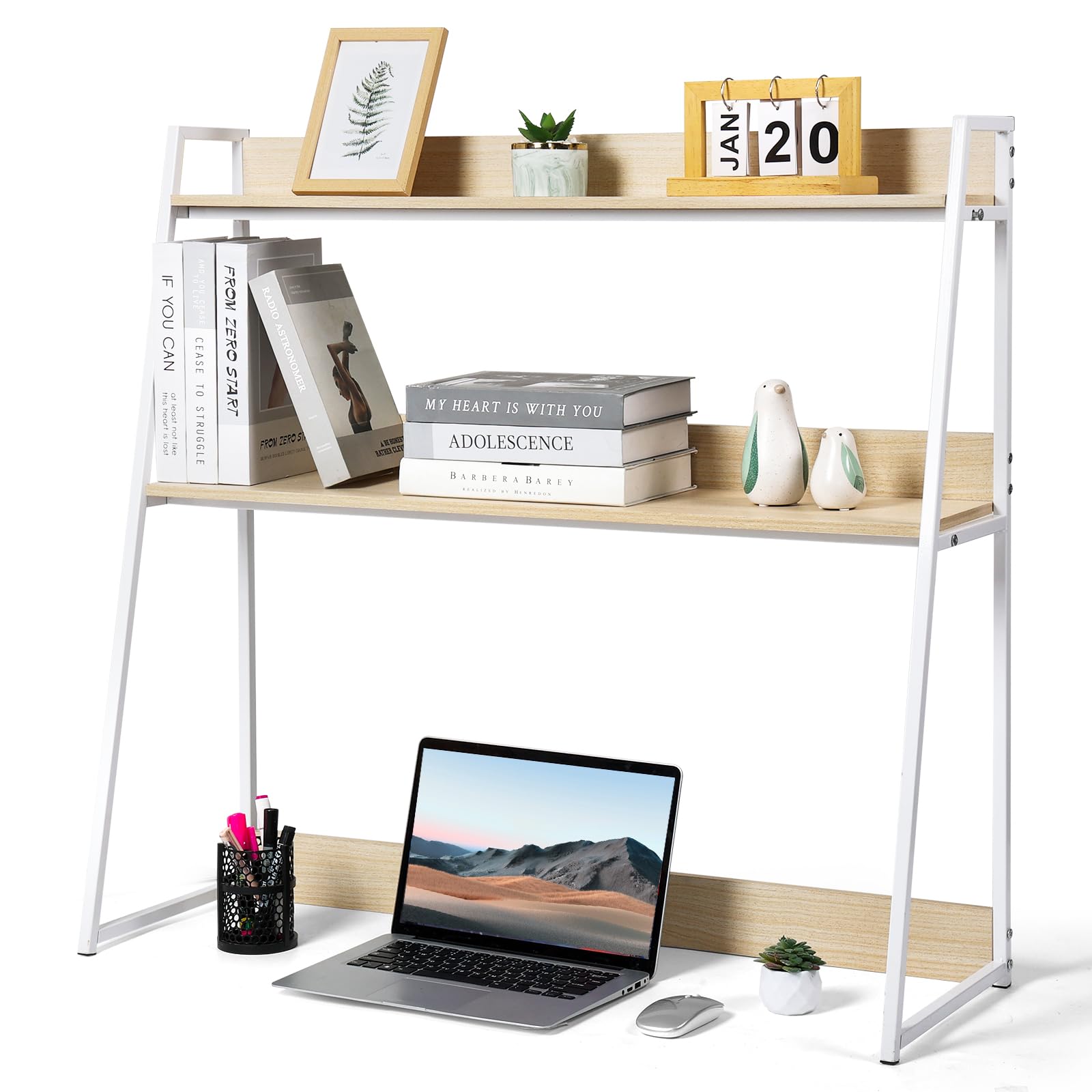 KIOMIMI 2-Tier Desktop Bookshelf & Hutch - Fits Over Large Monitors - Modern Desk Organizer with Metal Frame - Vertical Storage for Small Desks, Home