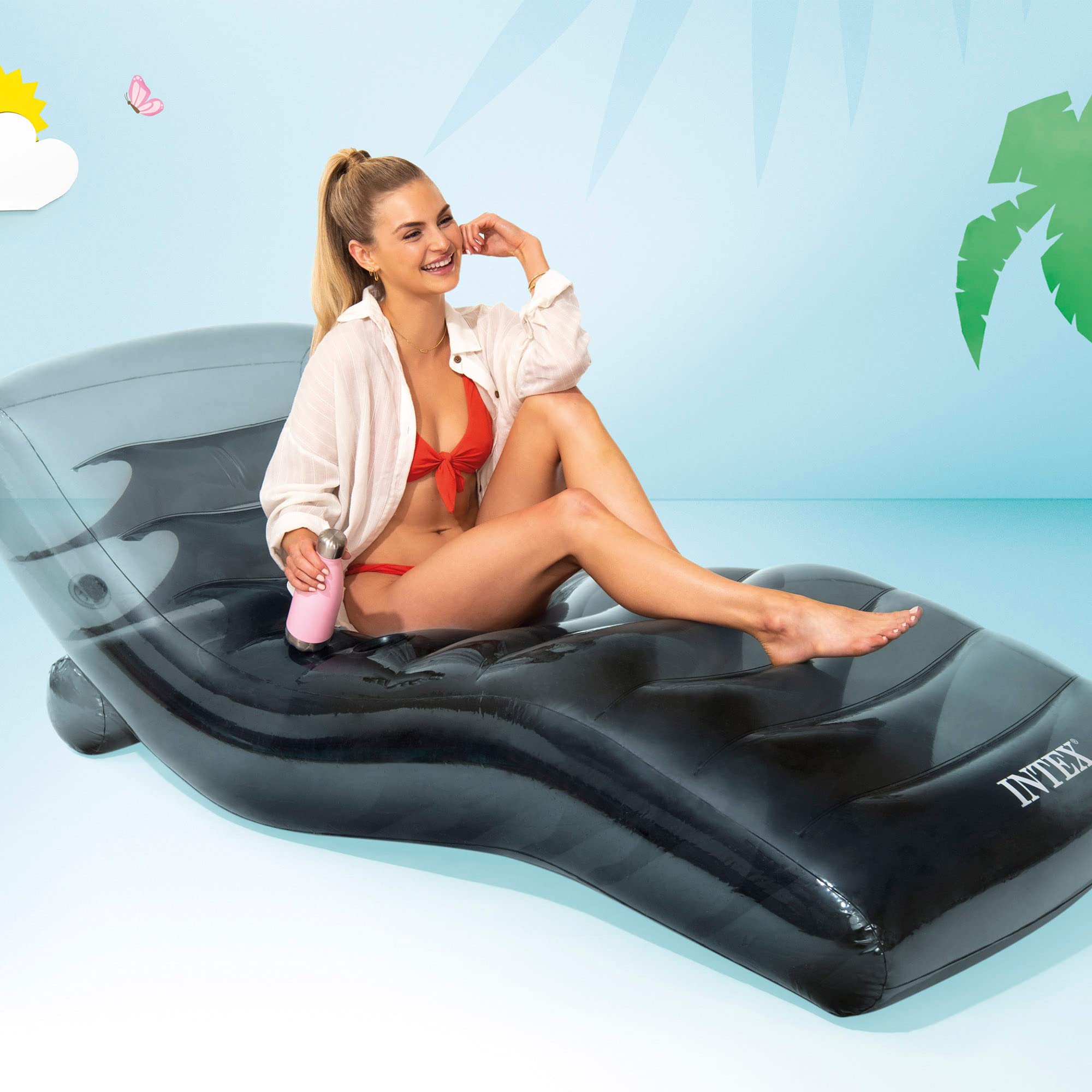 Intex 56875 Cool Grey Lounge Colchoneta Hinchable, Flotador para Piscina, Capacidad 1 Persona, Peso Máximo Soportado 100 kg, Medidas 99 x 191 cm, con Porta Bebidas, Incluye Parche de Reparación