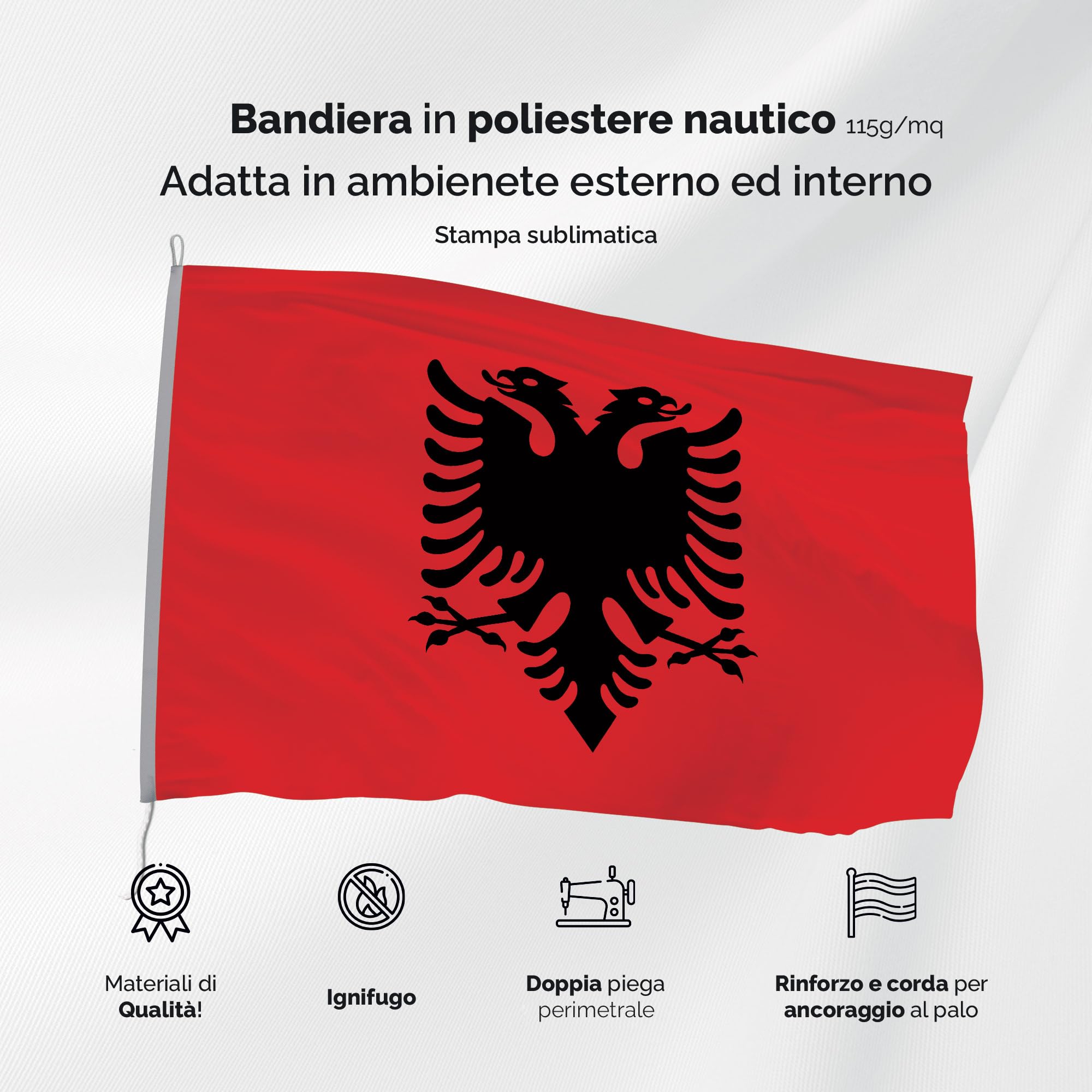 Bandiera ALBANIA 100x150 cm in poliestere NAUTICO 115 gr/mq con doppia piega perimetrale, corda e guaina. Adatto sia IN/OUT DOOR