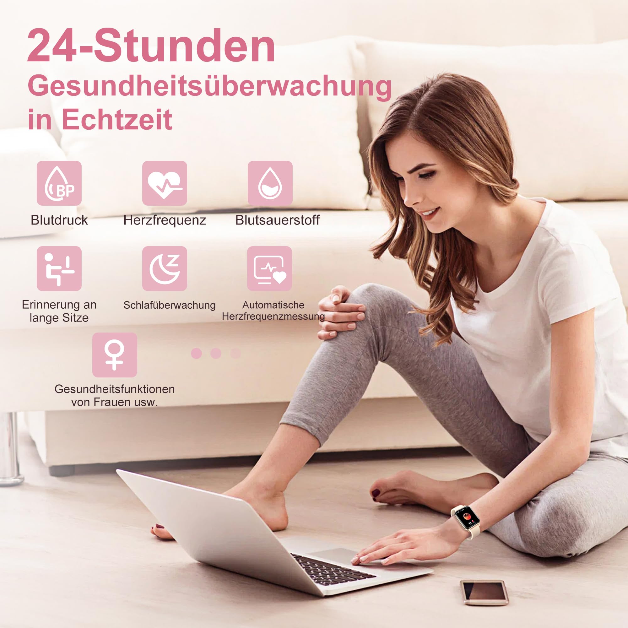 Smartwatch Damen Herren,Smartwatch mit Telefonfunktion,1.85"HD Fitnessuhr,Smart Watch for Women mit 110+ Sportmodi,IP68 Fitness Tracker Herzfrequenz/SpO2/Schrittzähler & Schlafmonitor für iOS Android